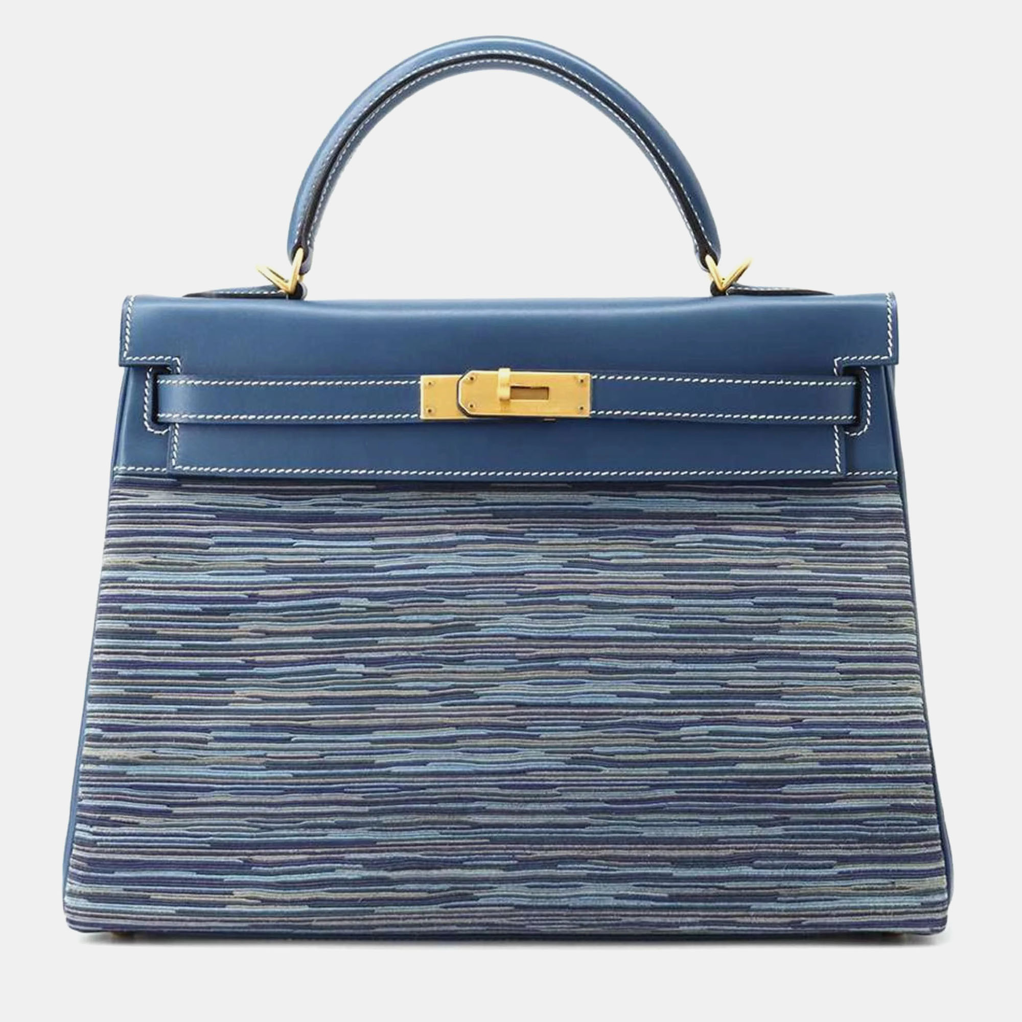 Pre-owned Hermes Blue Thalassa Matte Box Calf Vibrato Kelly 32 Handbag