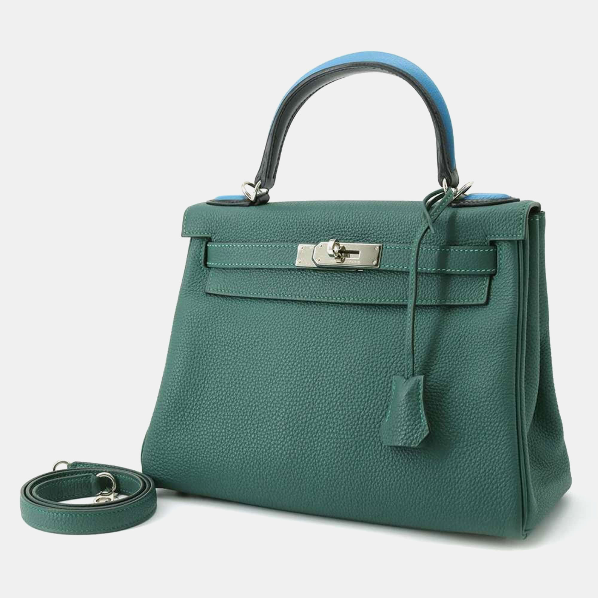 

Hermes Black Blue Zanzibar Togo Evercolor Box Calf Kelly 28 Passe Malachite Handbag