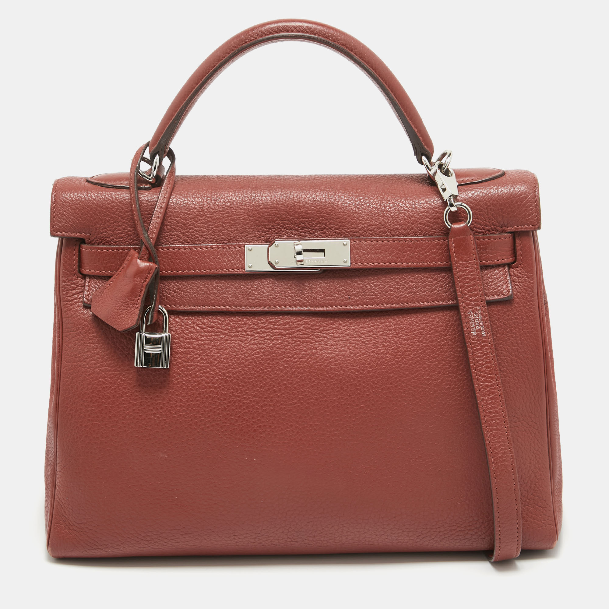 

Hermes Rouge Garance Togo Leather Palladium Finish Kelly Retourne 32 Bag, Red