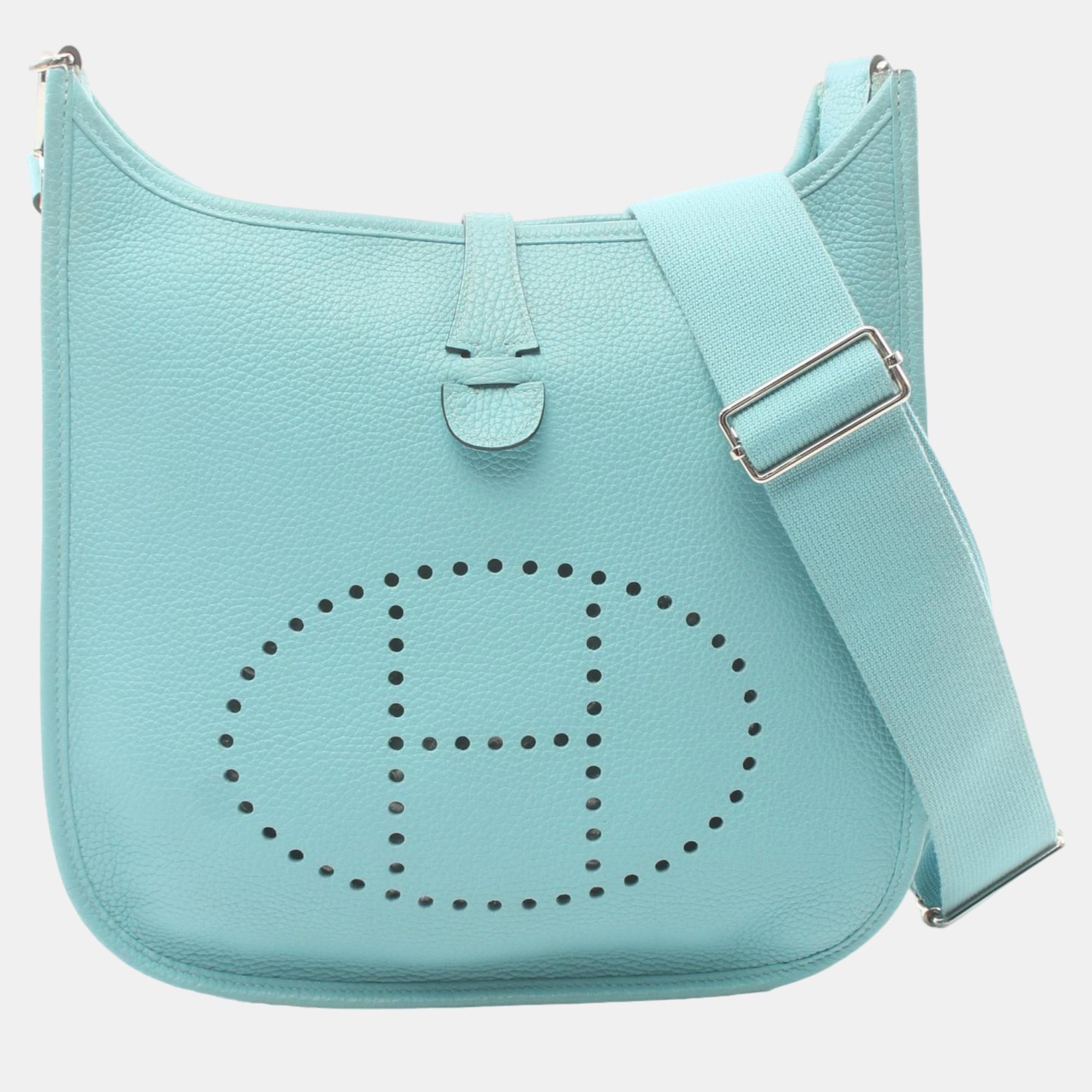 

Hermes Blue Leather Clemence Evelyne III PM Shoulder Bag