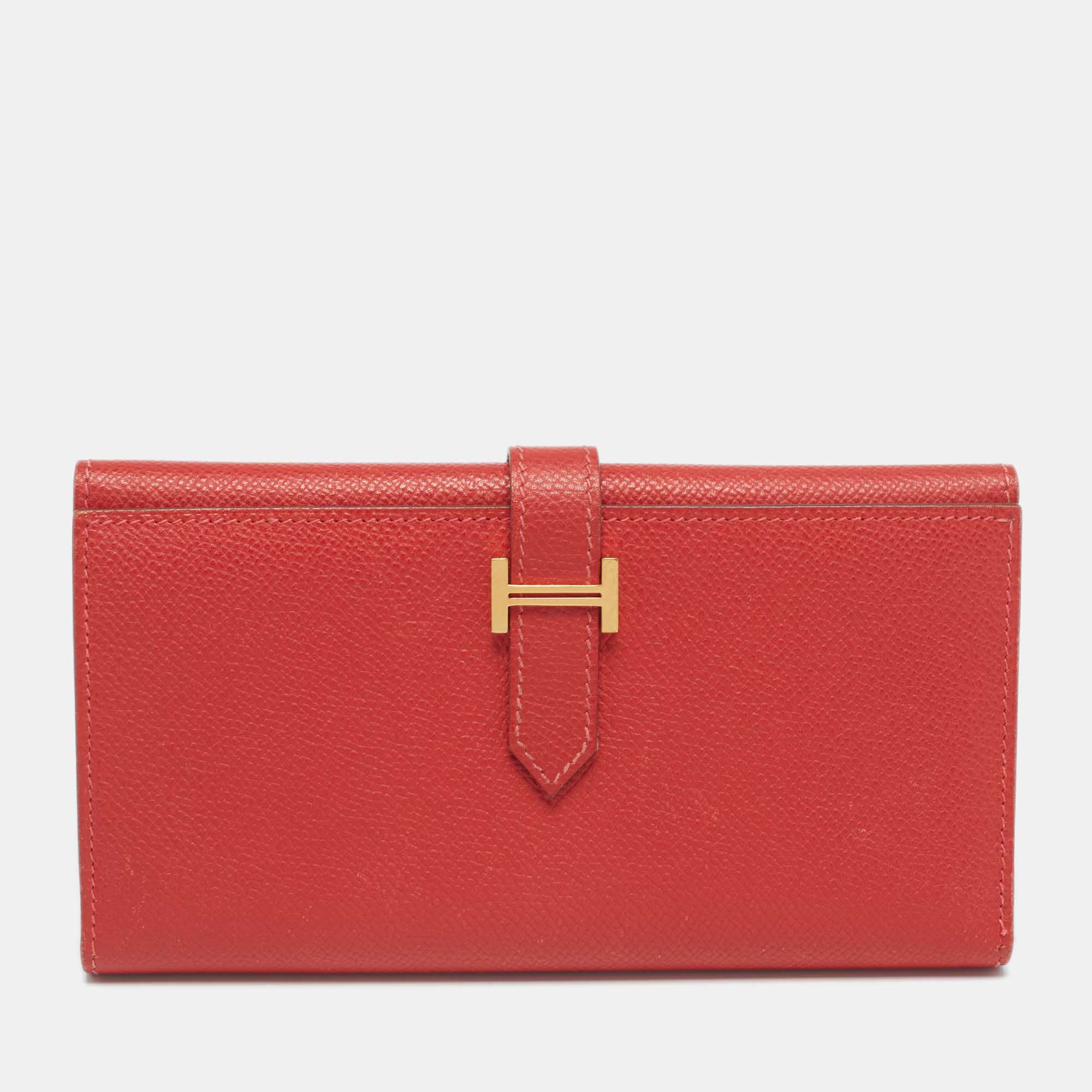 Pre-owned Hermes Rouge Vif Epsom Leather Bearn Gusset Wallet In Red