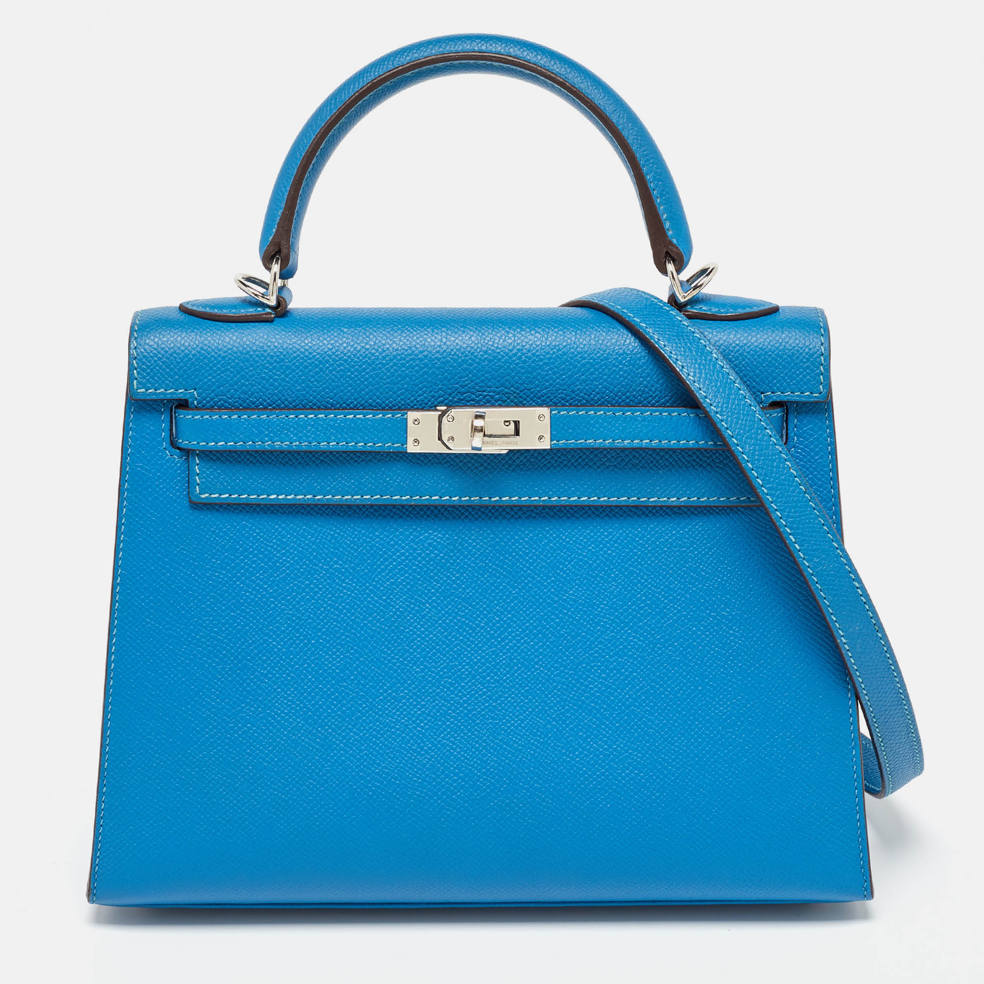 

Hermes Bleu Izmir Epsom Leather Palladium Finish Kelly Sellier 25 Bag, Blue