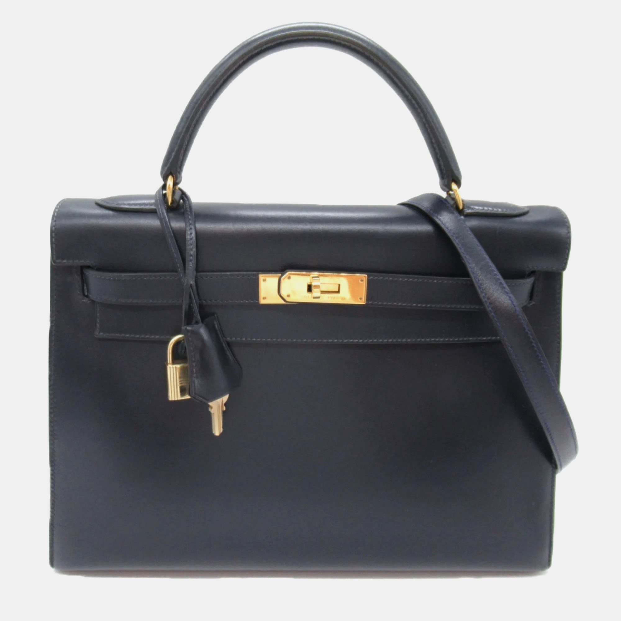 

Hermes Navy Calfskin Box Calf Kelly 32 Handbag, Navy blue