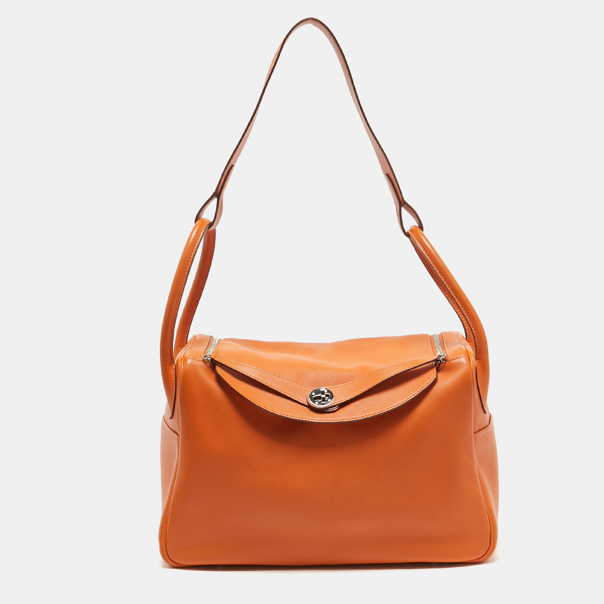 

Hermes Orange Swift Leather Palladium Finish Lindy 34 Bag