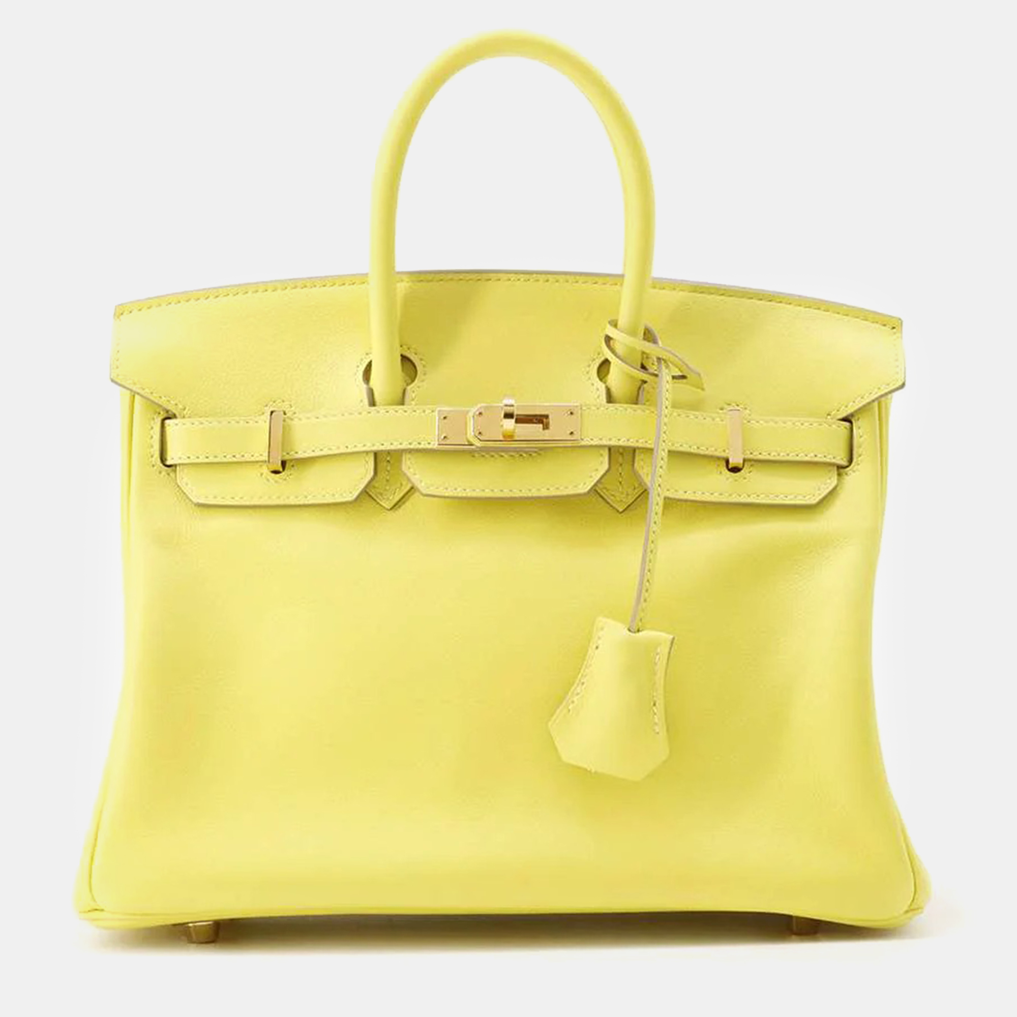 Pre-owned Hermes Lime Swift Leather 25 Birkin Tote Bag In Yellow