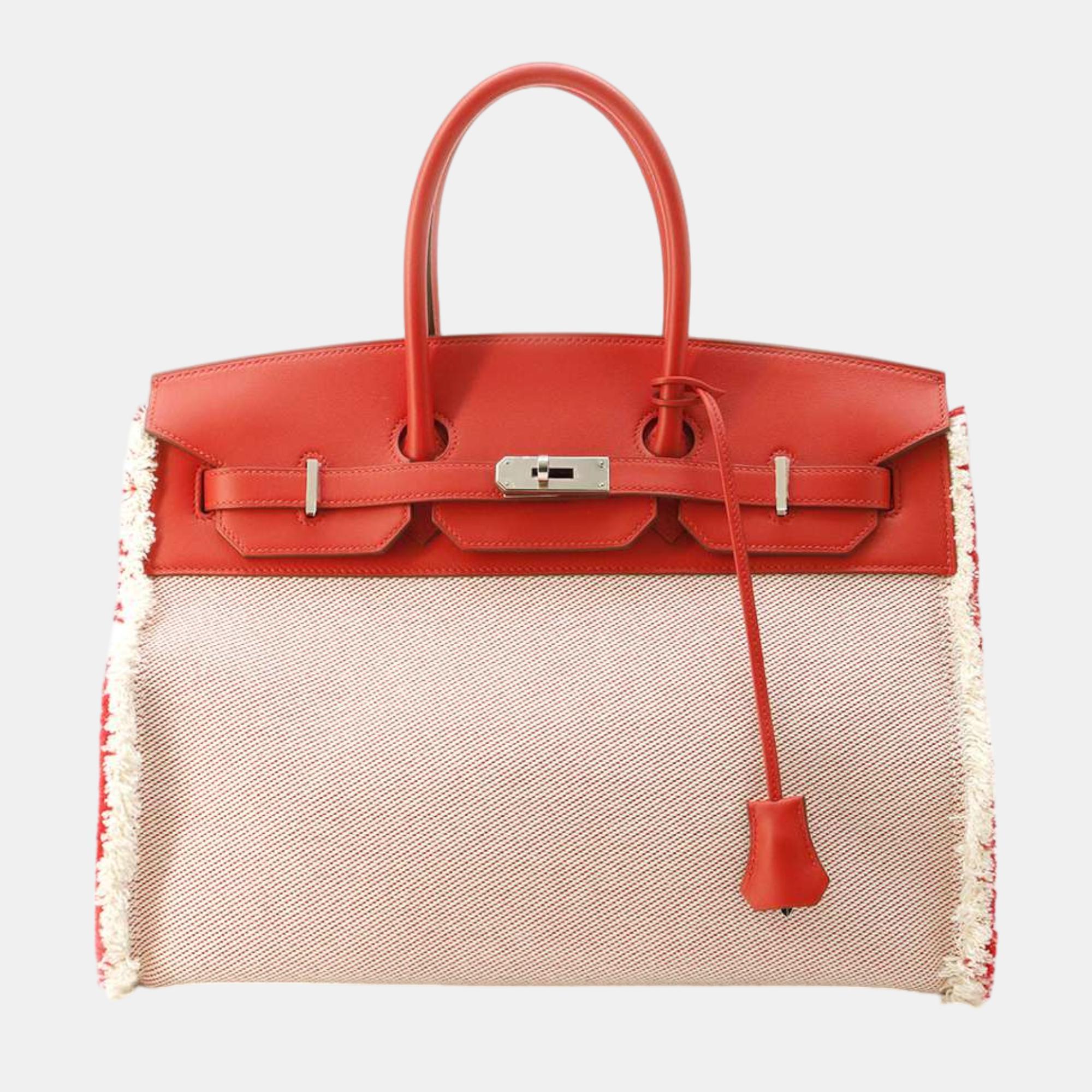 Pre-owned Hermes Limited Edition Rouge De Coeur Swift And Ecru Twill H Toile Canvas Fray Fray Birkin 35 Totes In Cream