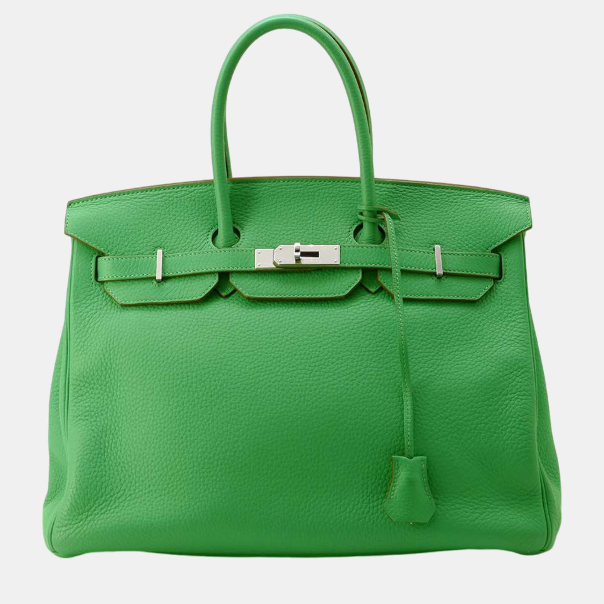 

Hermes Bamboo Taurillon Clemence Birkin 35 Tote Bag, Green
