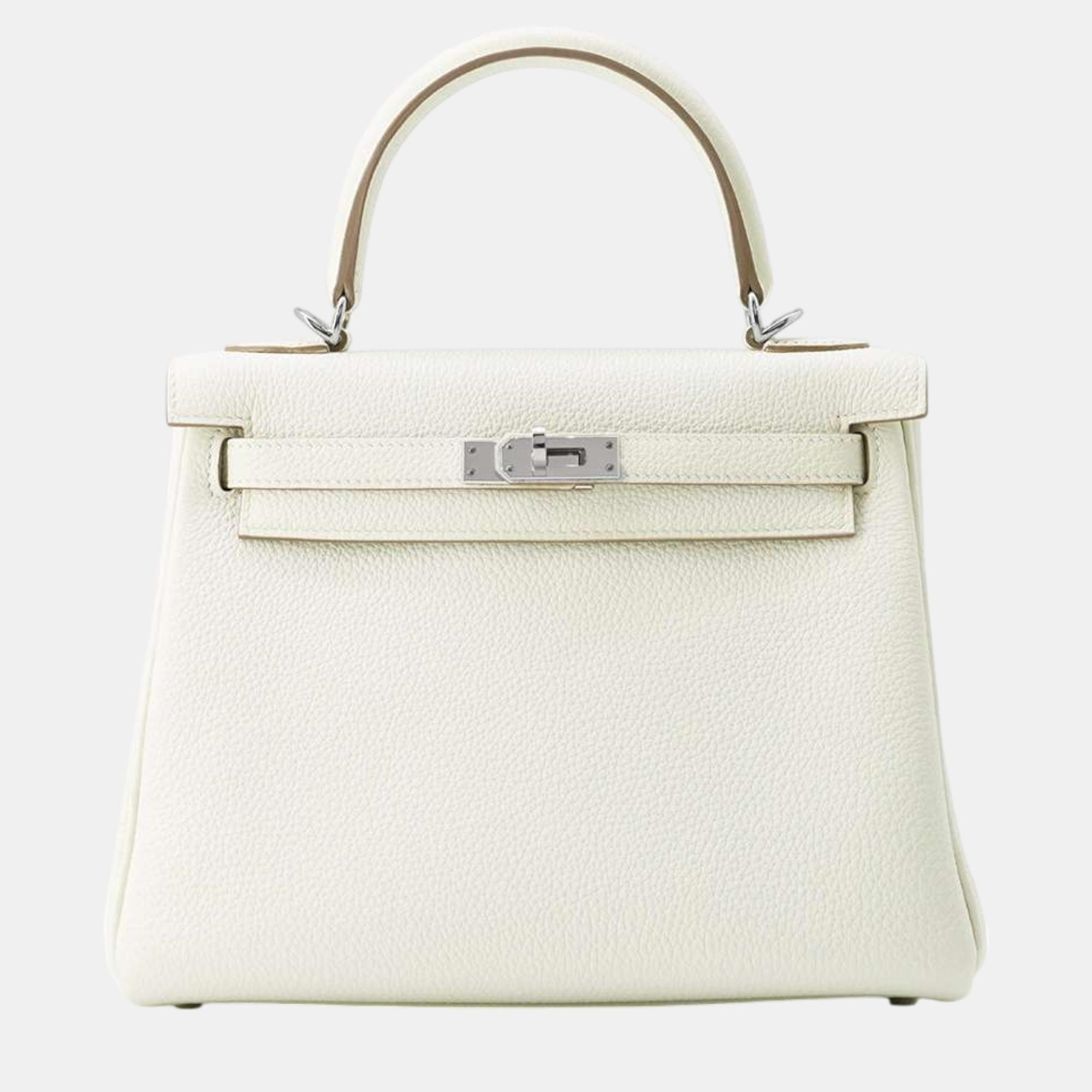 

Hermes Mushroom Togo Leather Kelly Retourne 25 Top Handle Bags, White