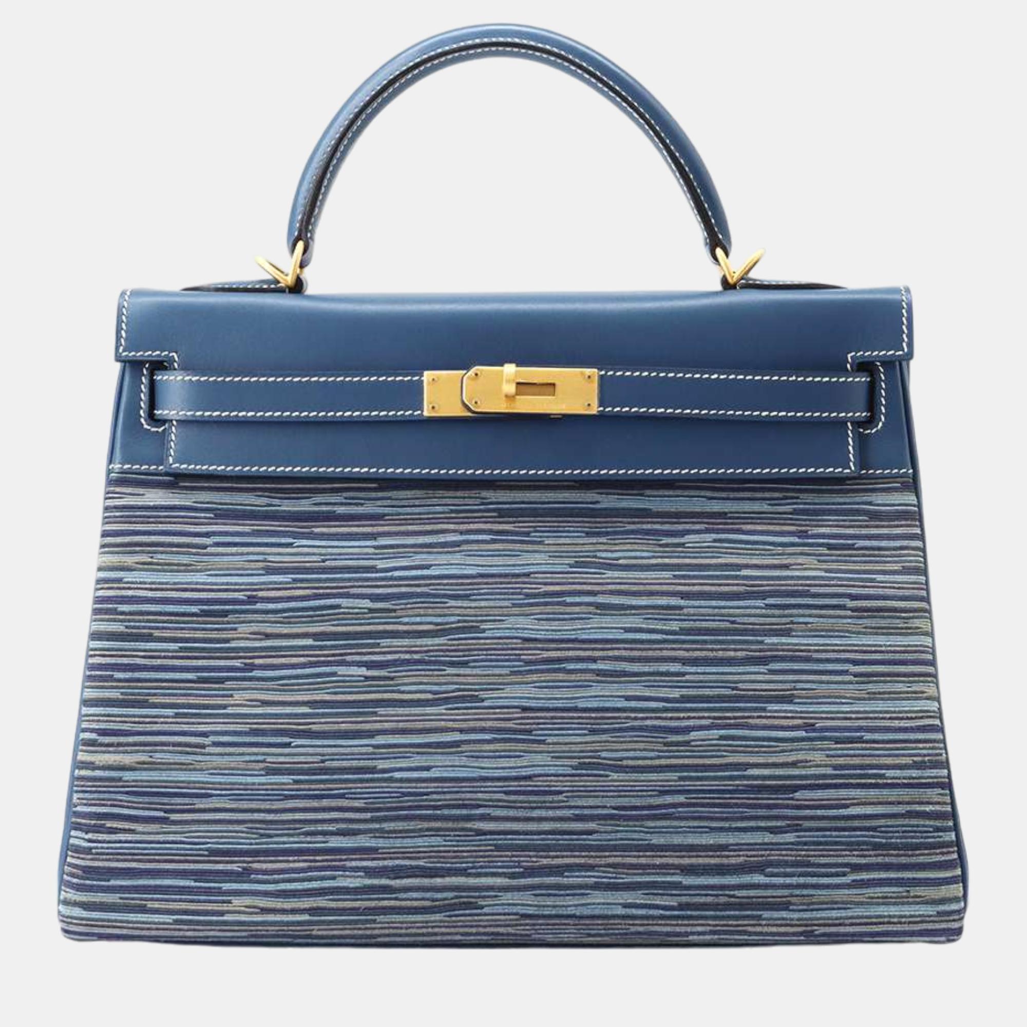 

Hermes Blue Thalassa Box Calf Leather Vibrato Kelly Retourne 32 Top Handle Bags