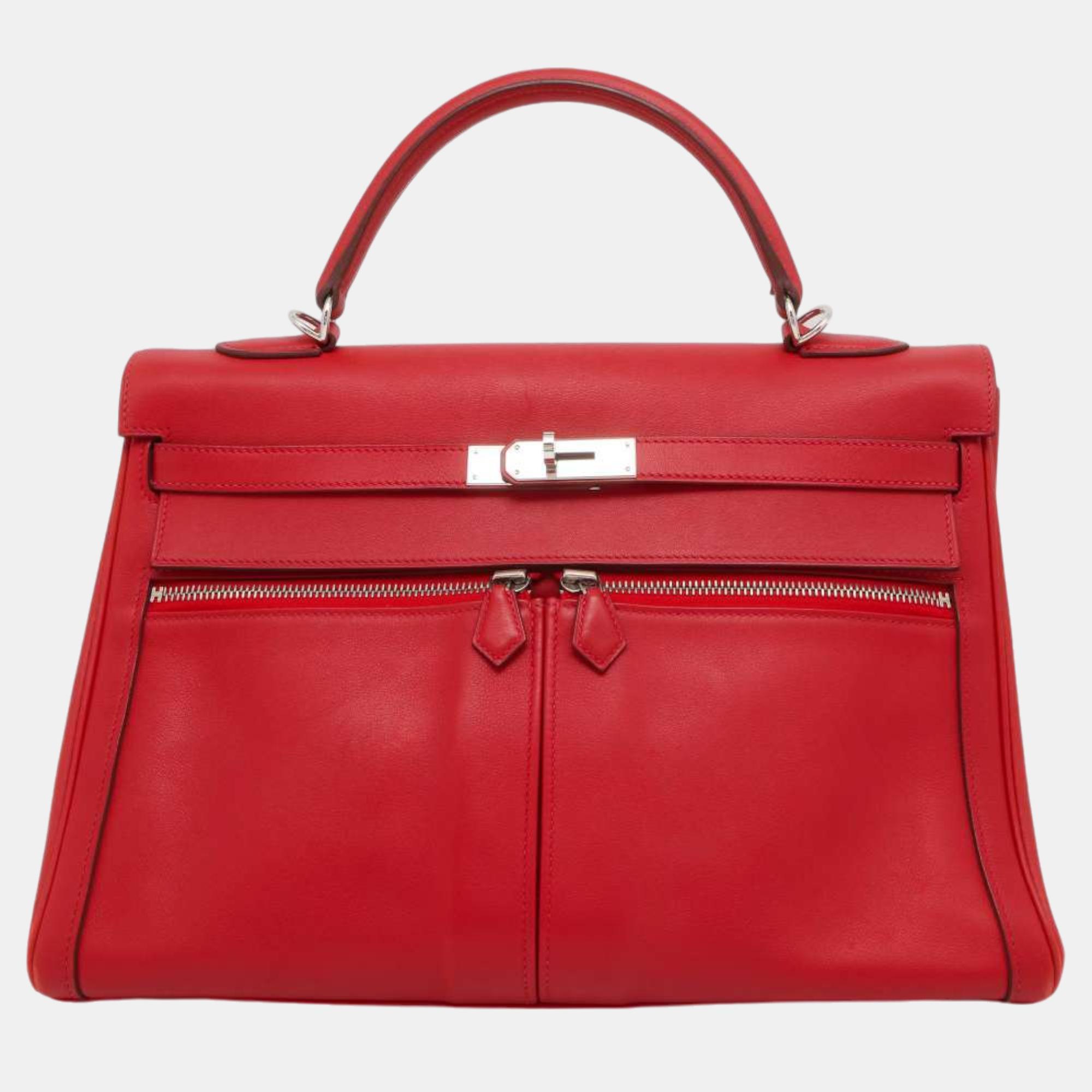 Pre-owned Hermes Vermilion Swift Leather Kelly Lakis 35 Top Handle Bags In Red