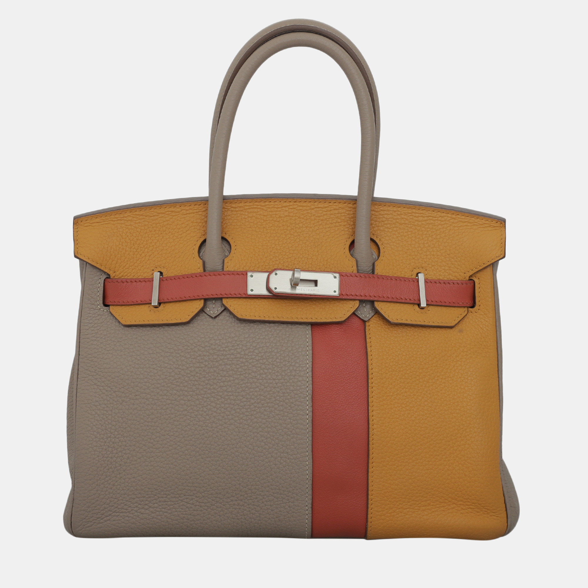 

Hermes Gris Tourtelle, Moutarde, Sanguine Clemence and Swift Leather Birkin 30 Tote Bag, Multicolor