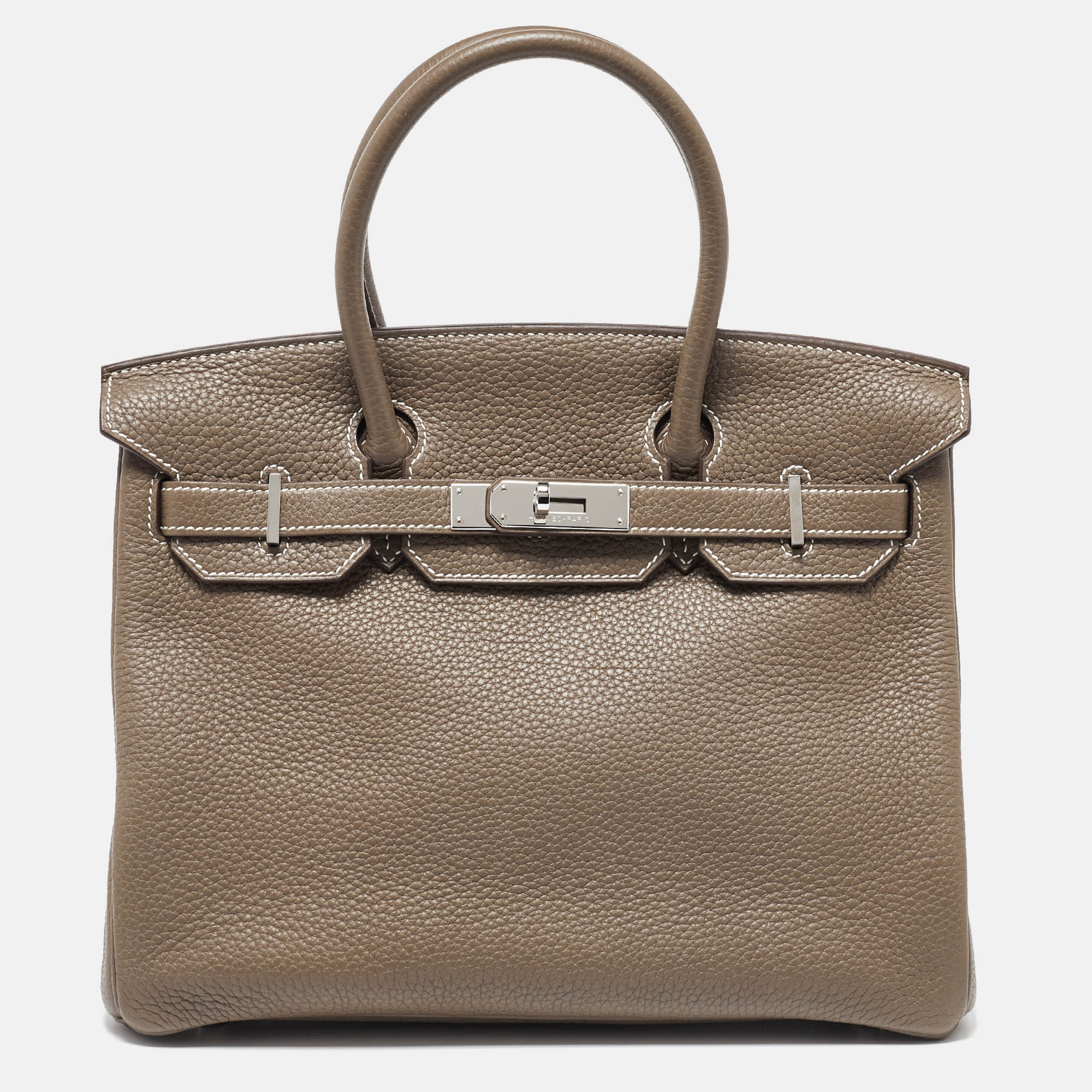 

Hermes Etoupe Grey Taurillion Clemence Leather Palladium Finish Birkin 30 Bag, Brown