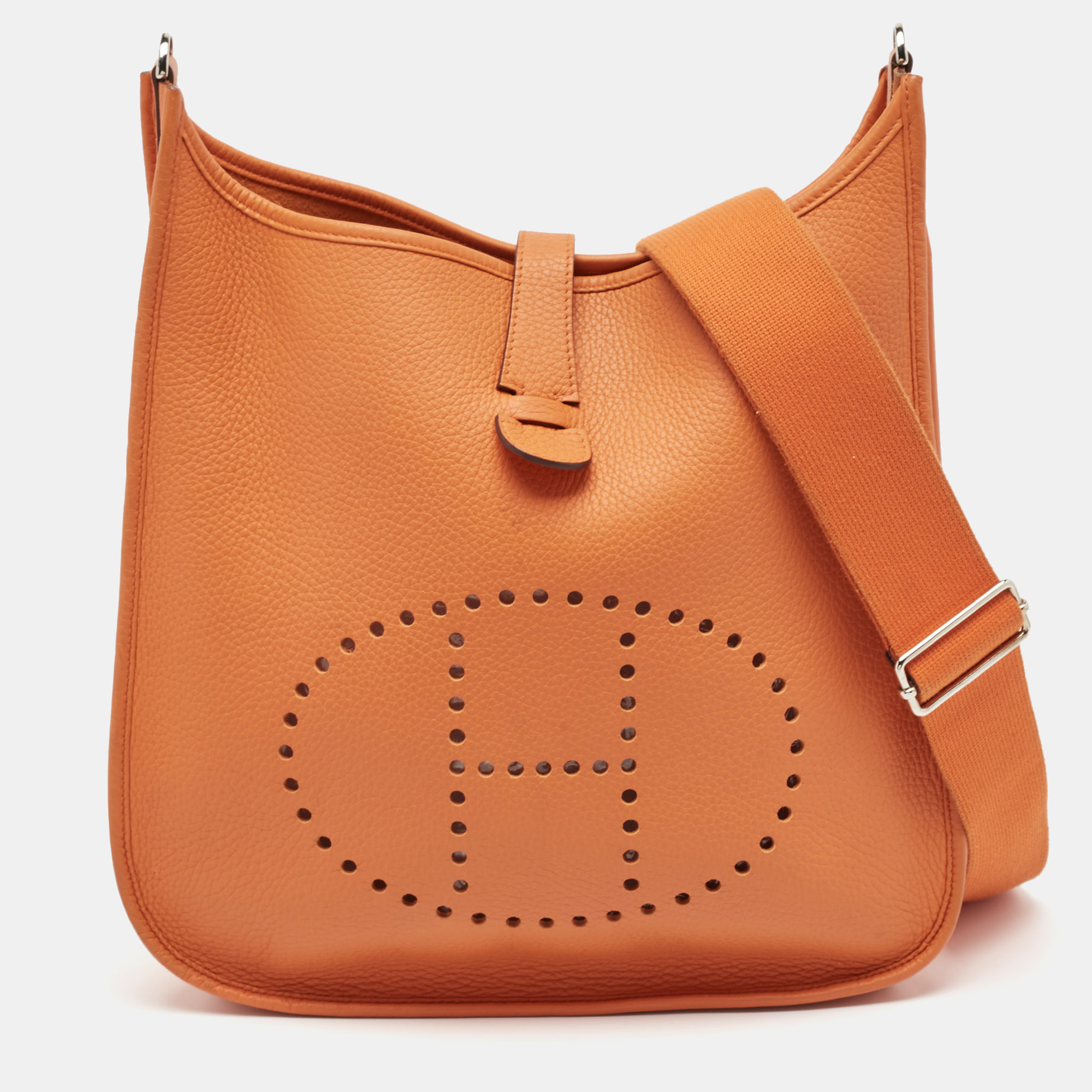 

Hermes Orange Taurillon Clemence Leather Evelyne III GM Bag