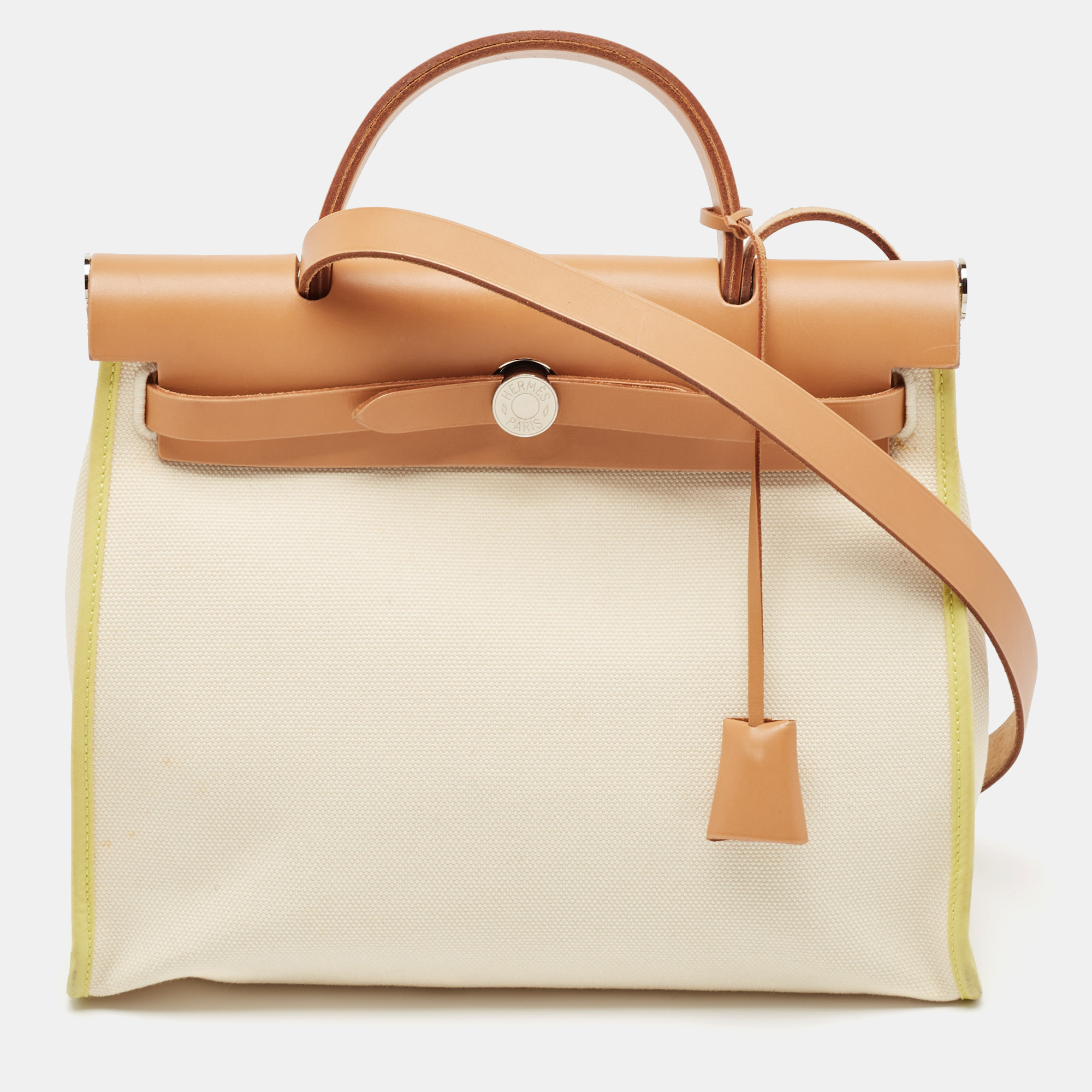 

Hermes Ecru/Lime/Natural Toile Goeland Viking Canvas and Vache Hunter Leather Herbag Zip 31 Bag, Beige