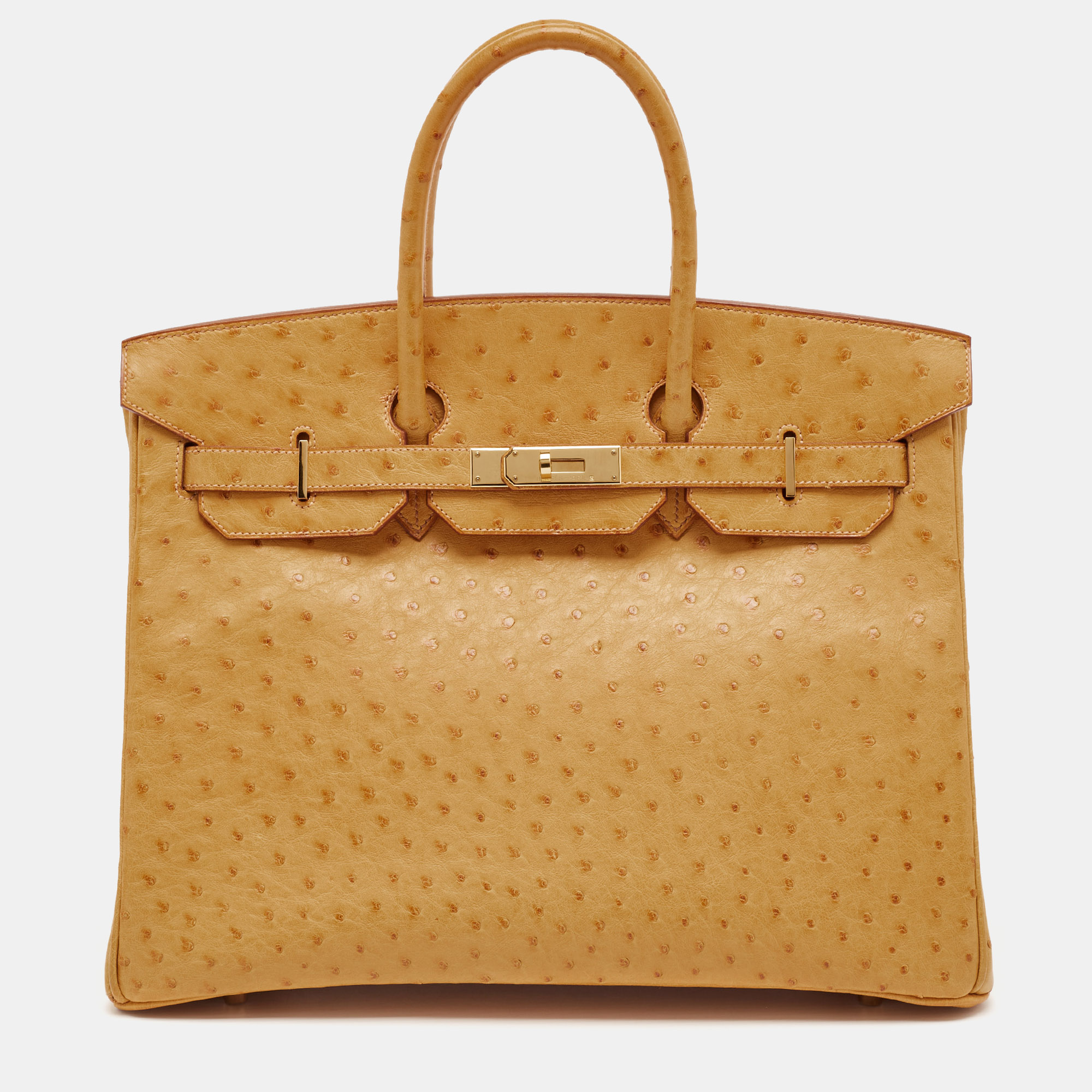 

Hermes Saffron Ostrich Gold Finish Birkin 35 Bag, Brown