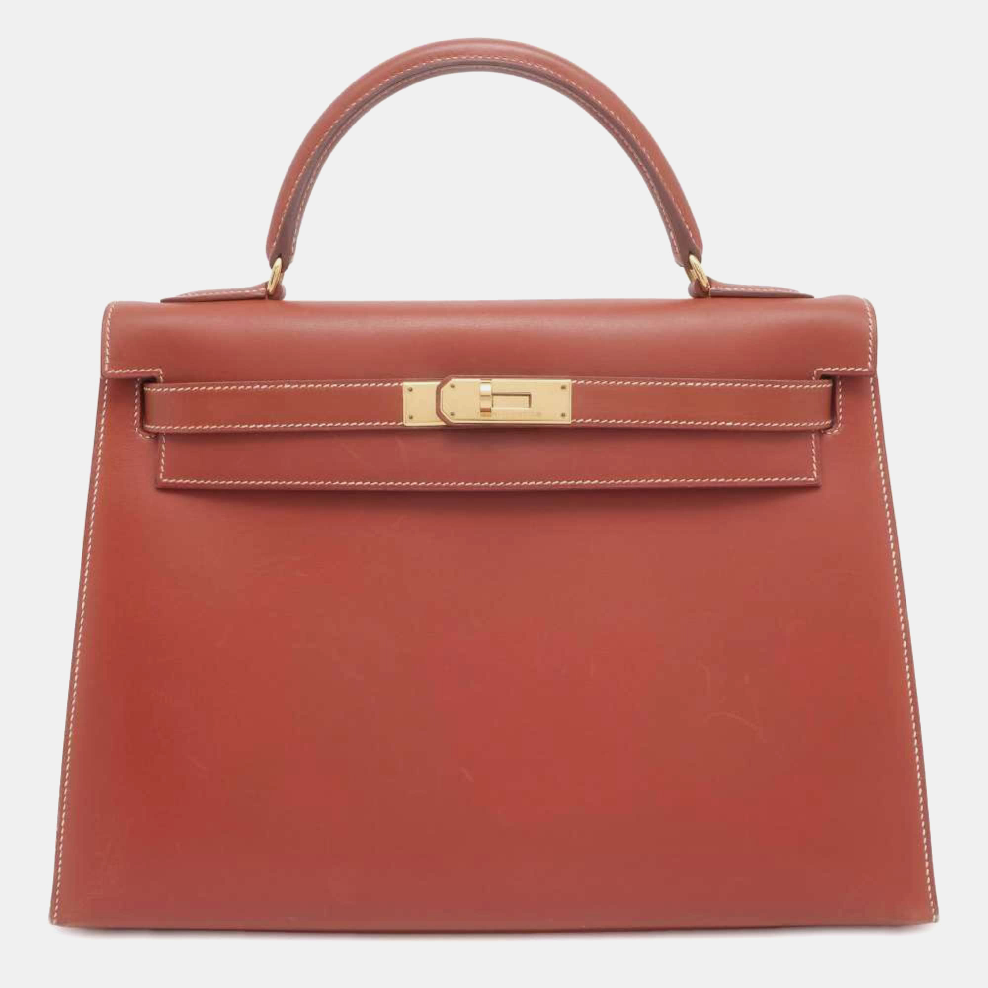 Pre-owned Hermes Brick Box Calf Kelly 32 Handbag In Red