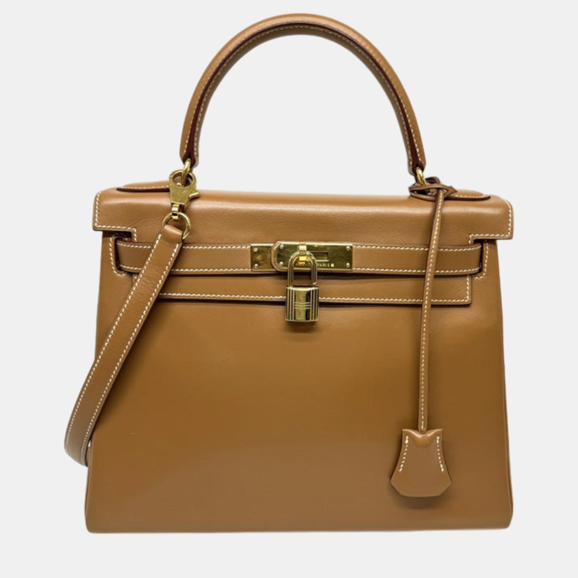 

Hermes Vache Natural Kelly 28 Handbag, Brown
