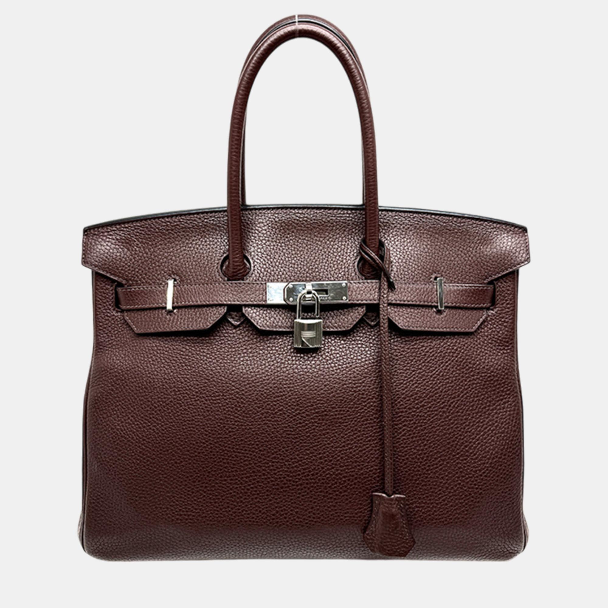 

Hermes Burgundy Taurillon Clemence Birkin 35 Handbag, Brown