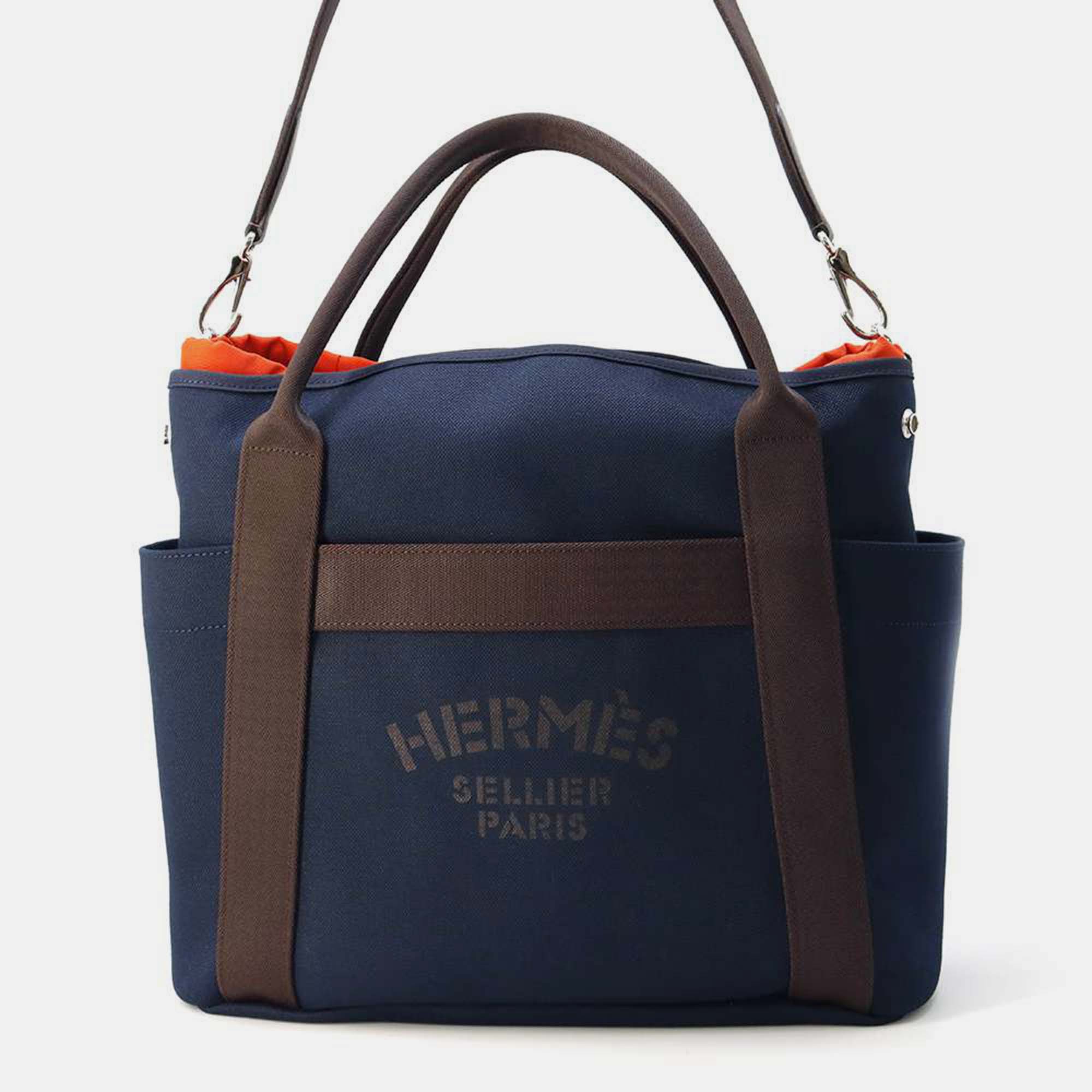 

Hermes Navy/Feu Toile Chevrons Canvas Sacked Pansage Bag, Blue