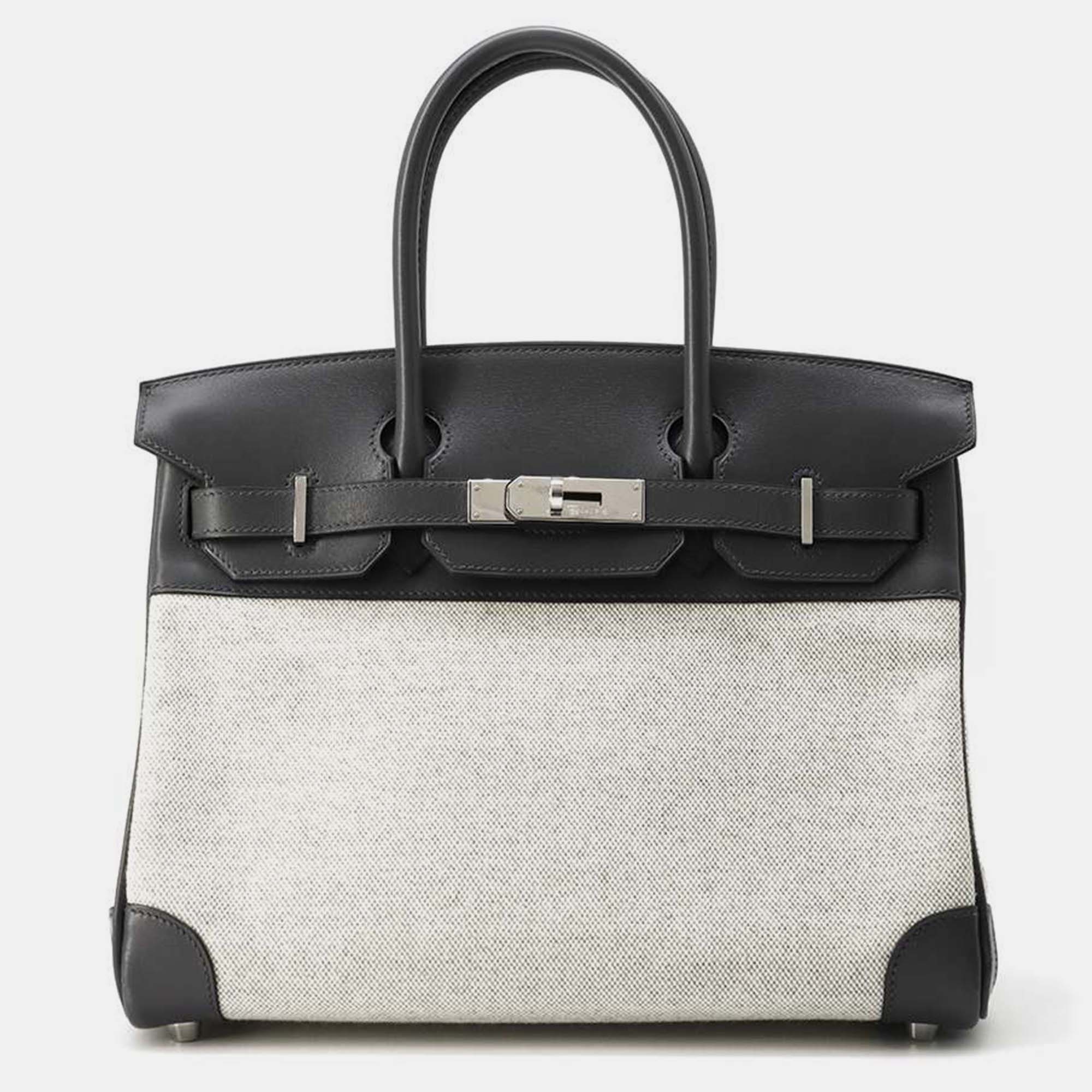 

Hermes Gray/Ecru Toile H Box Calf Leather Birkin Bag 30, Grey