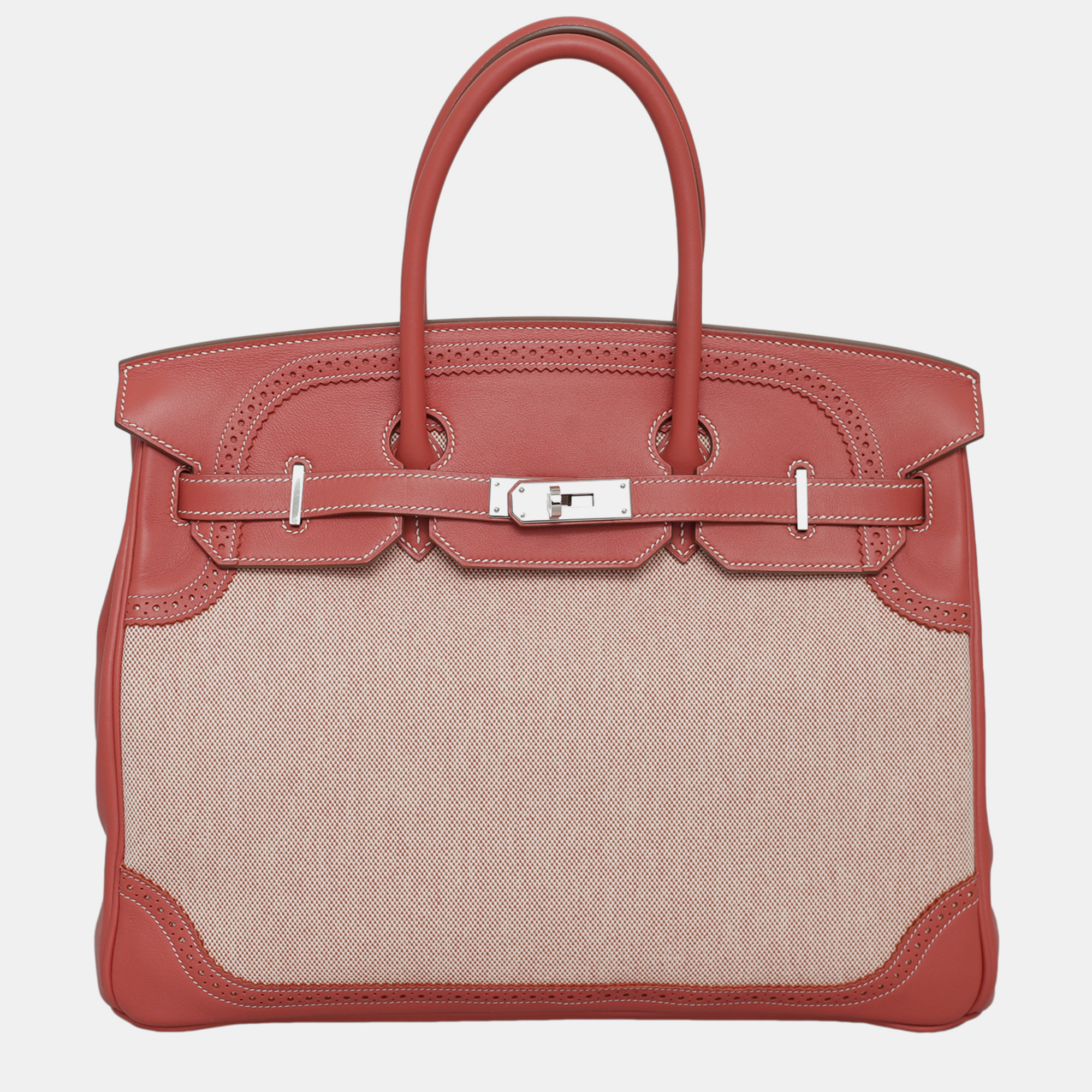 

Hermes Sanguine Ghillies Toile Birkin 35 Bag, Beige