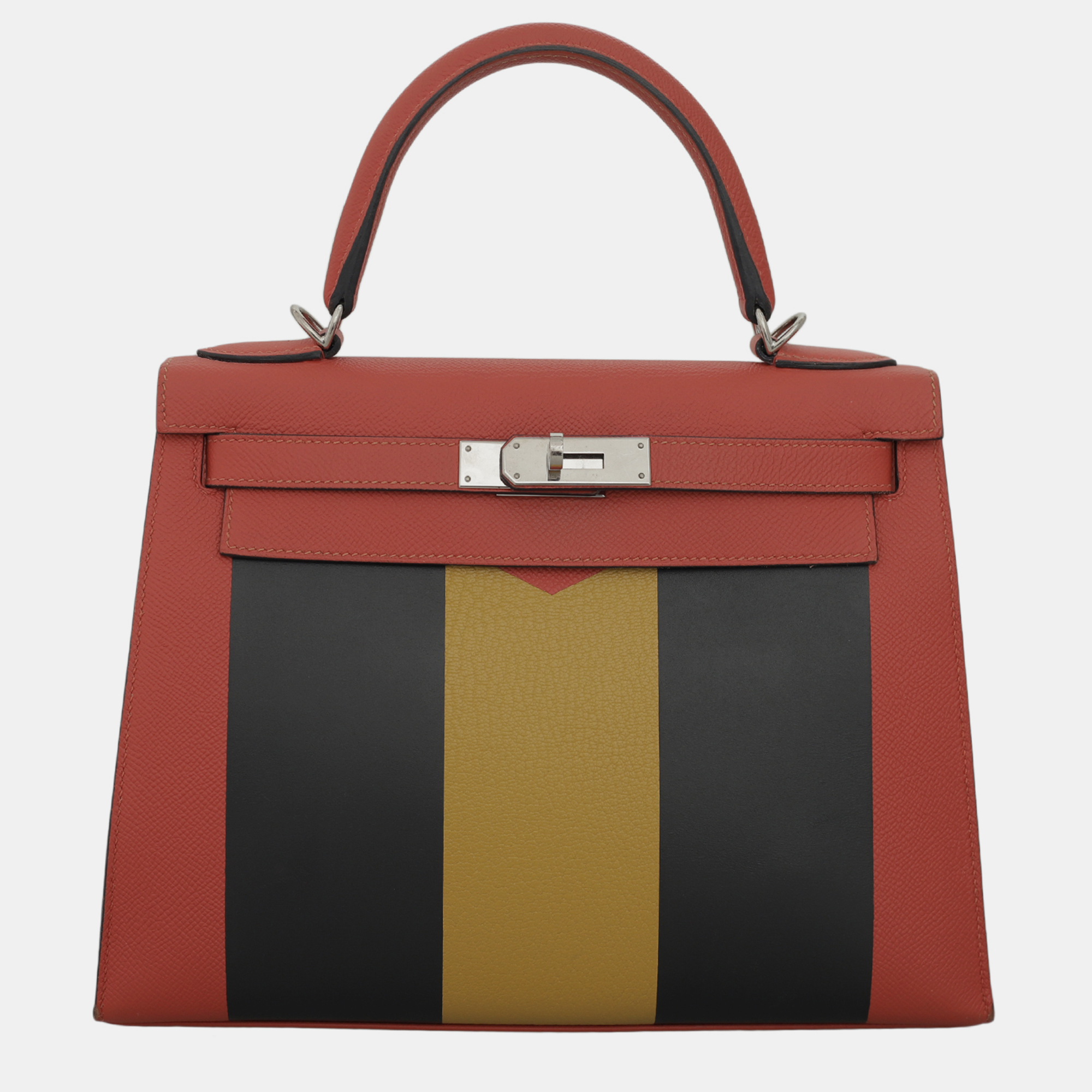 

Hermes Capucine/ Jaune Ambre/ Bleu Obscur Kellygraphie Lettre  Sellier Kelly 28 Bag, Multicolor