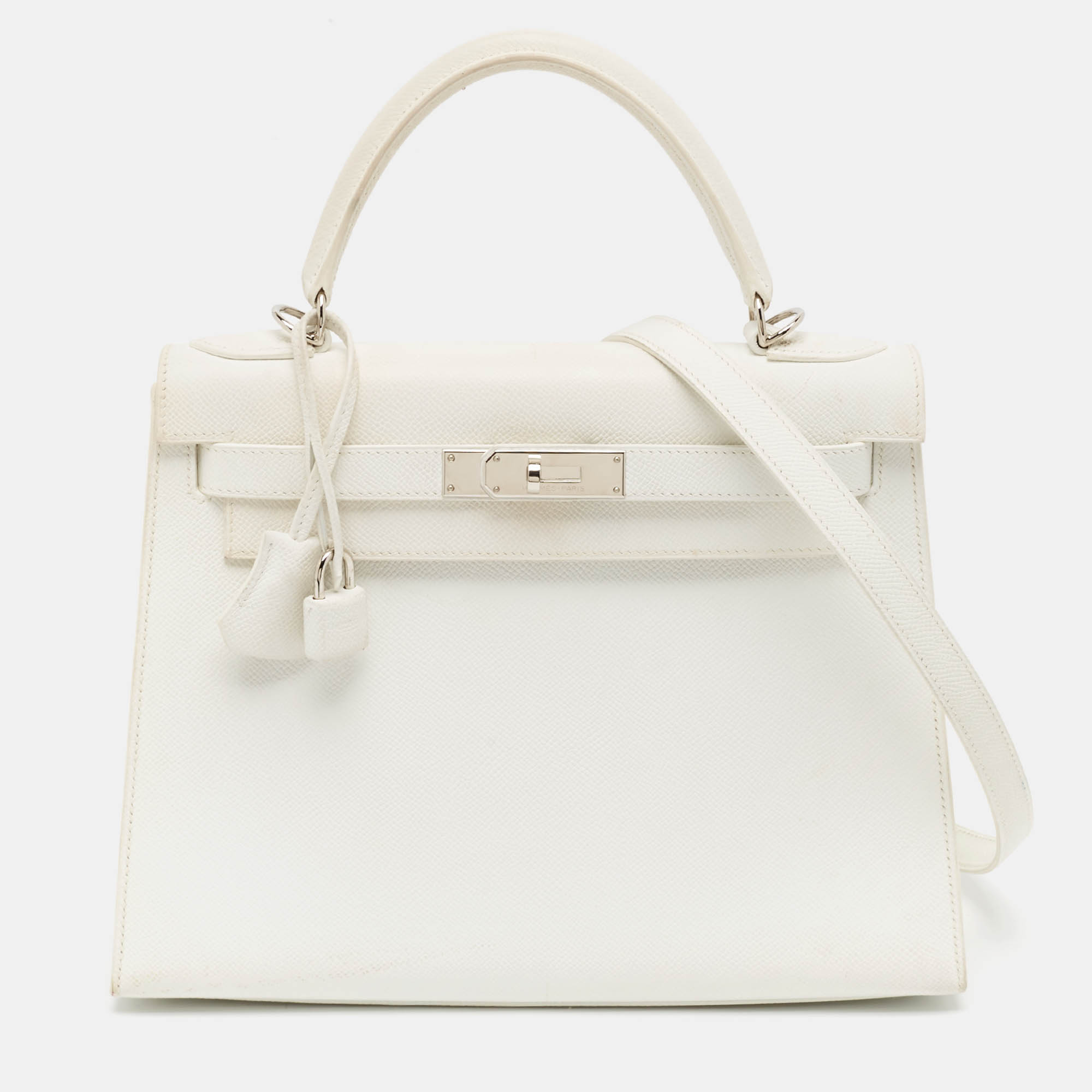 

Hermes Blanc Epsom Leather Palladium Finish Kelly Sellier 28 Bag, White