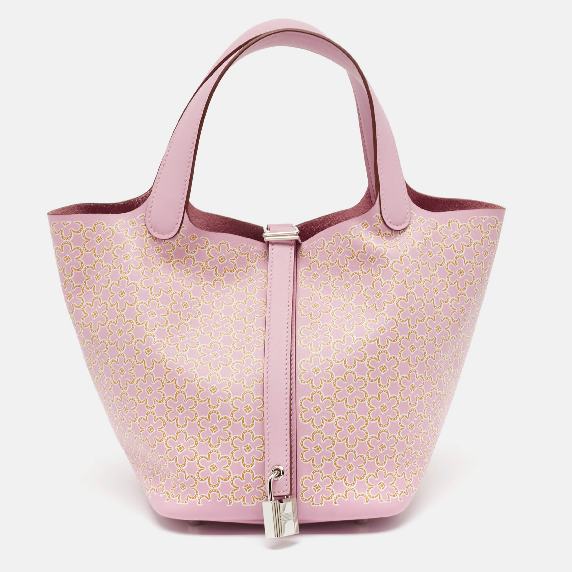 

Hermes Rose/Chai/Blanc Swift Leather Lucky Daisy Picotin Lock 18 Bag, Pink