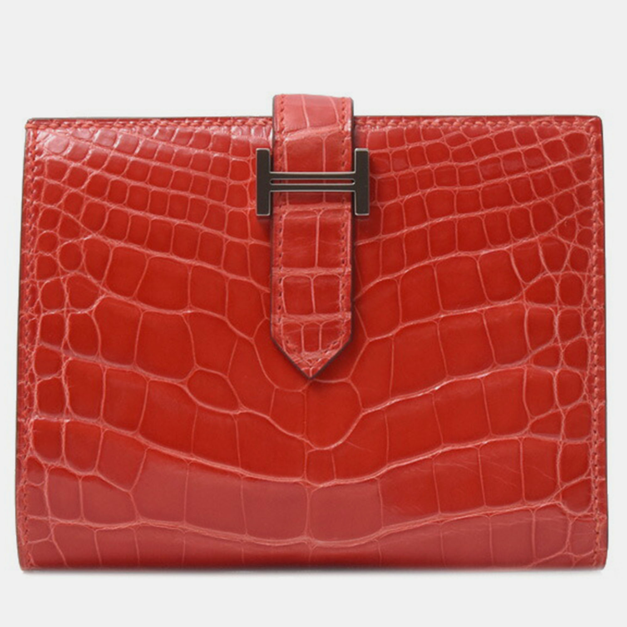 

Hermès Red Geranium Shiny Alligator Compact Bearn Wallet