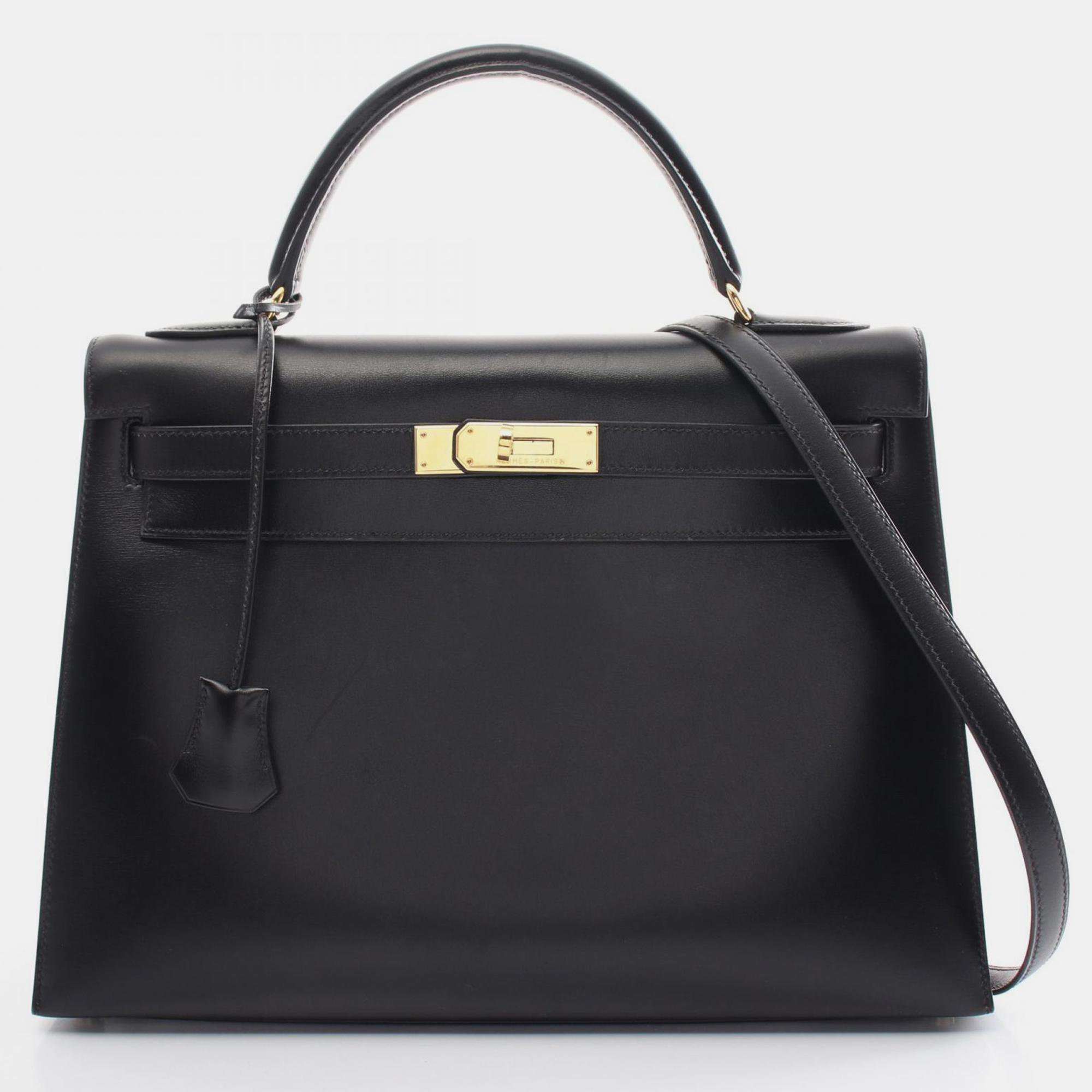 

Hermes Black Leather Box Kelly 32 Top Handle Bag