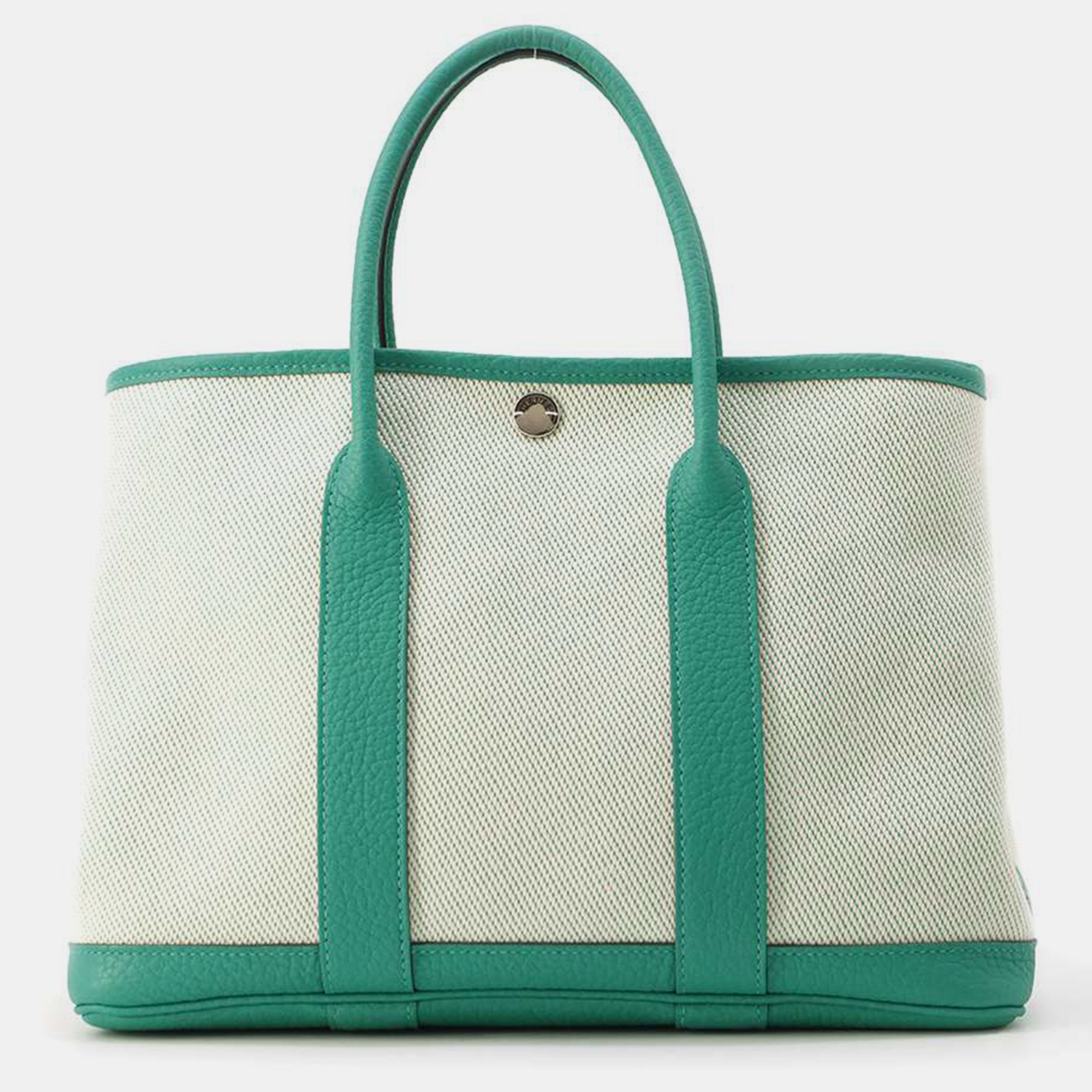 

Hermes Vert Jade Toile Twill Ash Negonda Leather Garden Party Bag Size TPM, Green