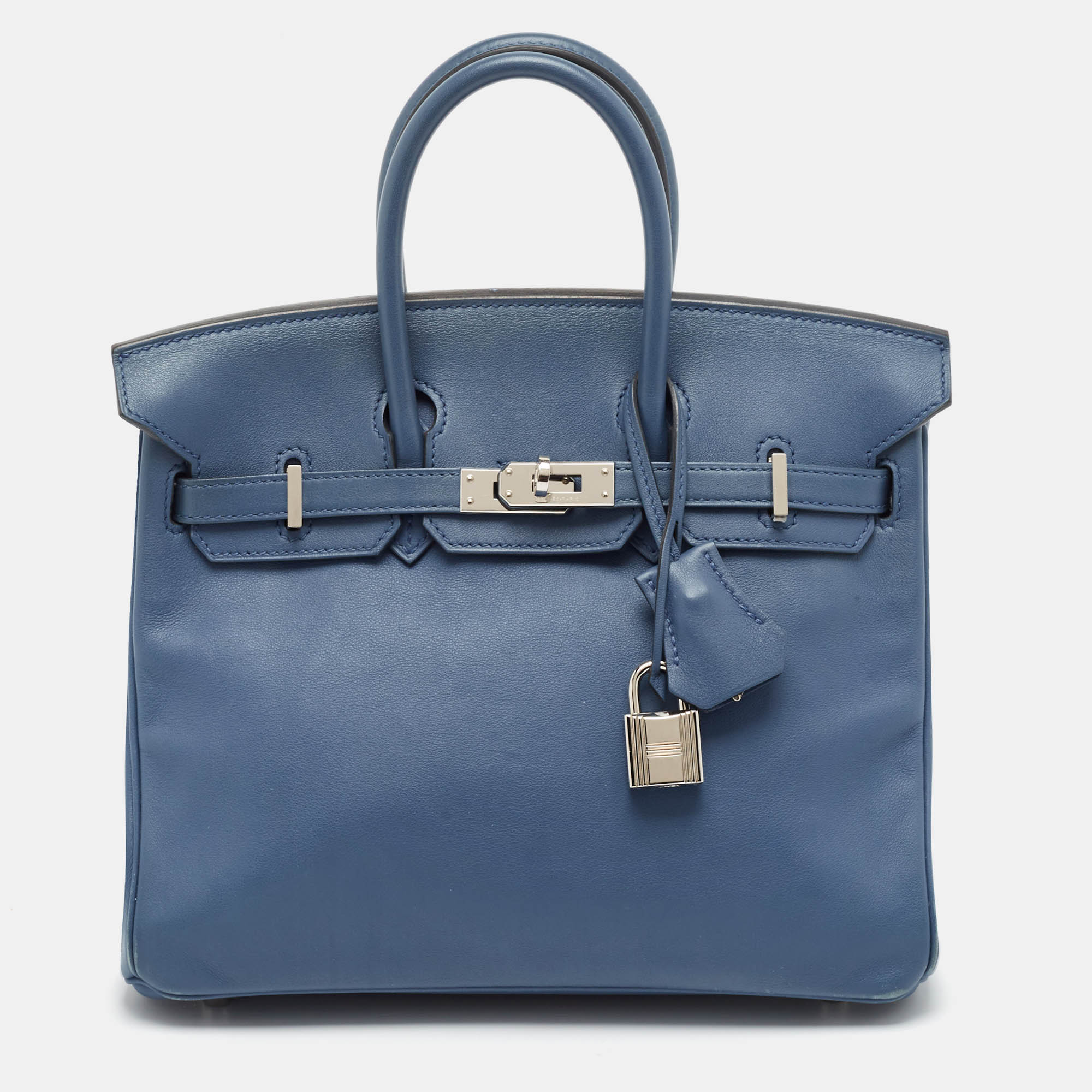 Pre-owned Hermes Bleu Agate Swift Leather Palladium Finish Birkin 25 Bag In Blue