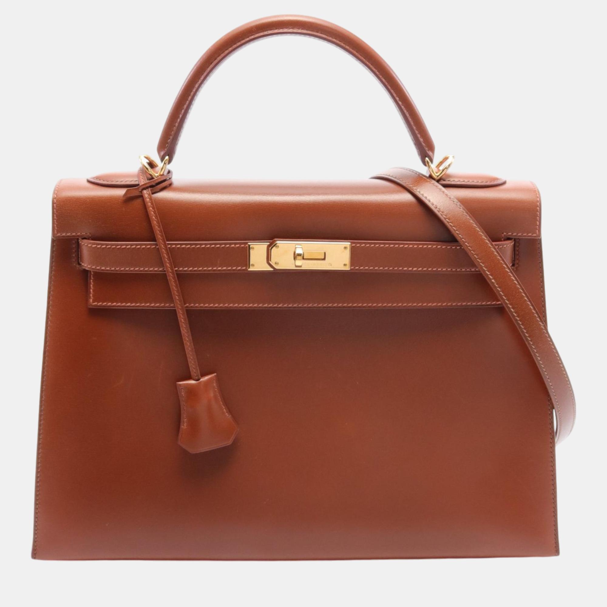 

Hermes Brown Leather Kelly Sellier 32 Top Handle Bag