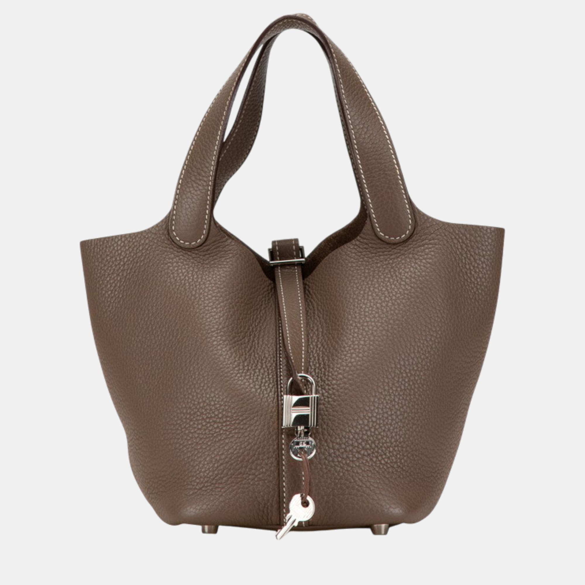 

Hermes Picotin Lock PM Handbag Clemence Etoupe Greige, Brown