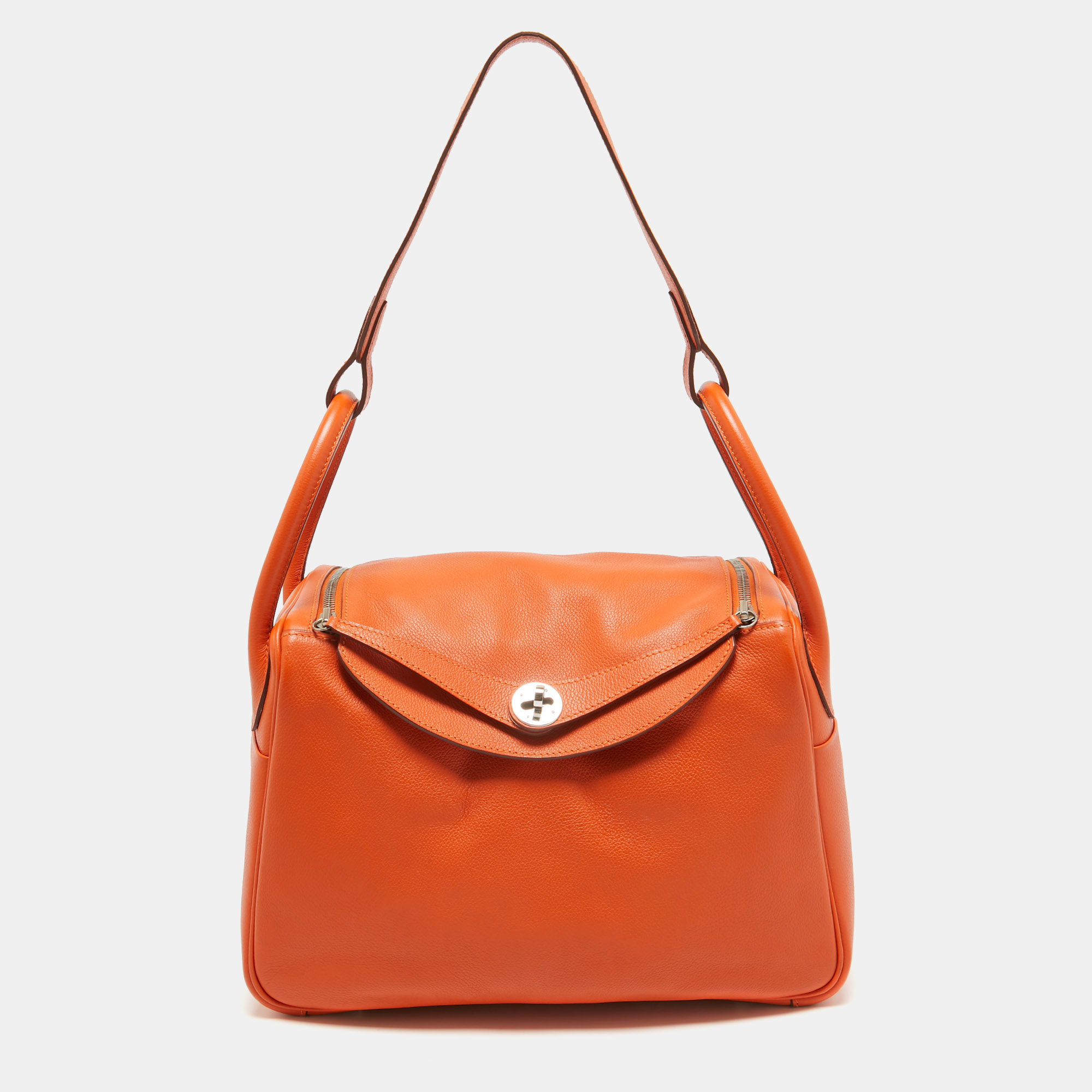 

Hermes Orange Evercolor Leather Palladium Finish Lindy 30 Bag