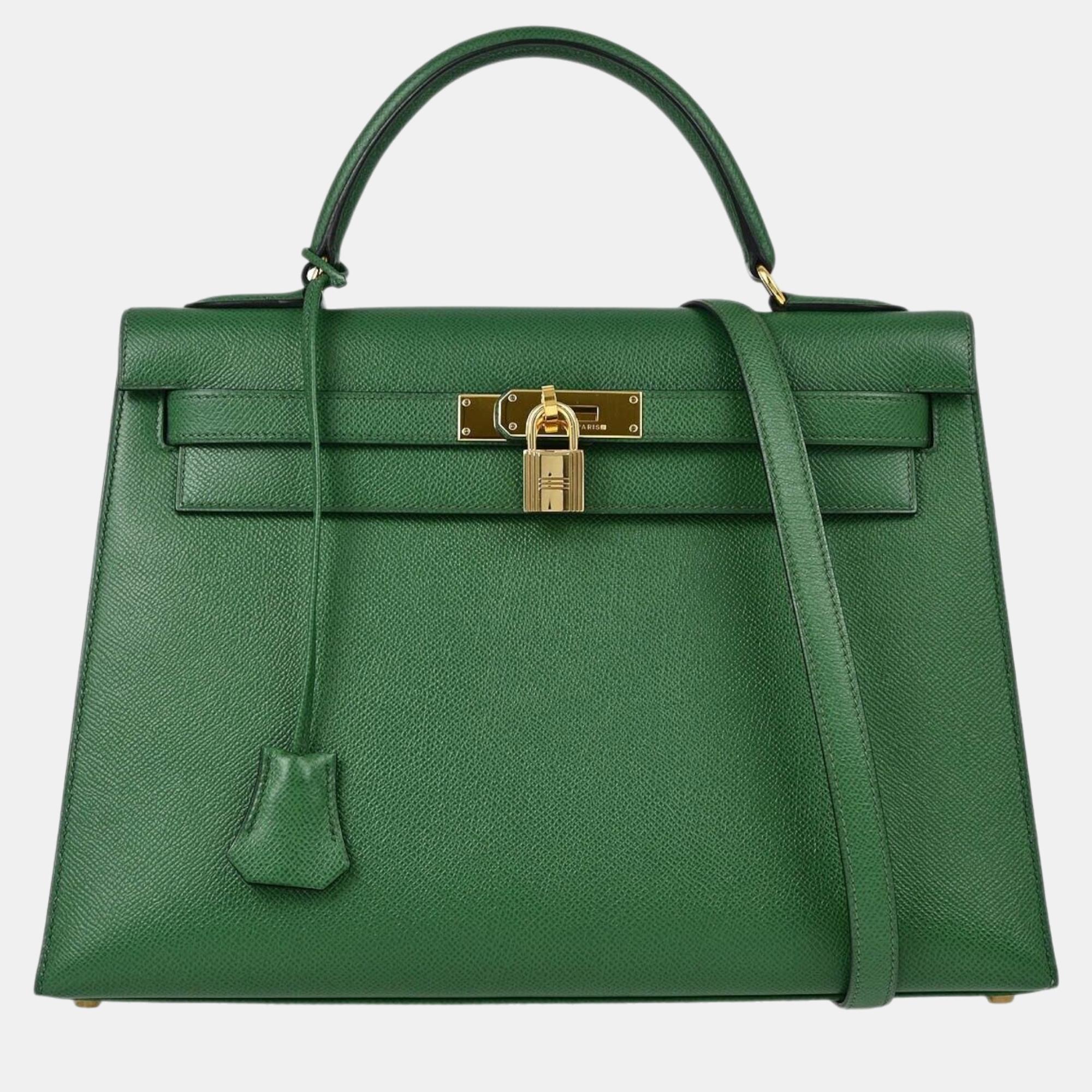 

Hermes Green Courchevel Kelly 32 Sellier Handbag