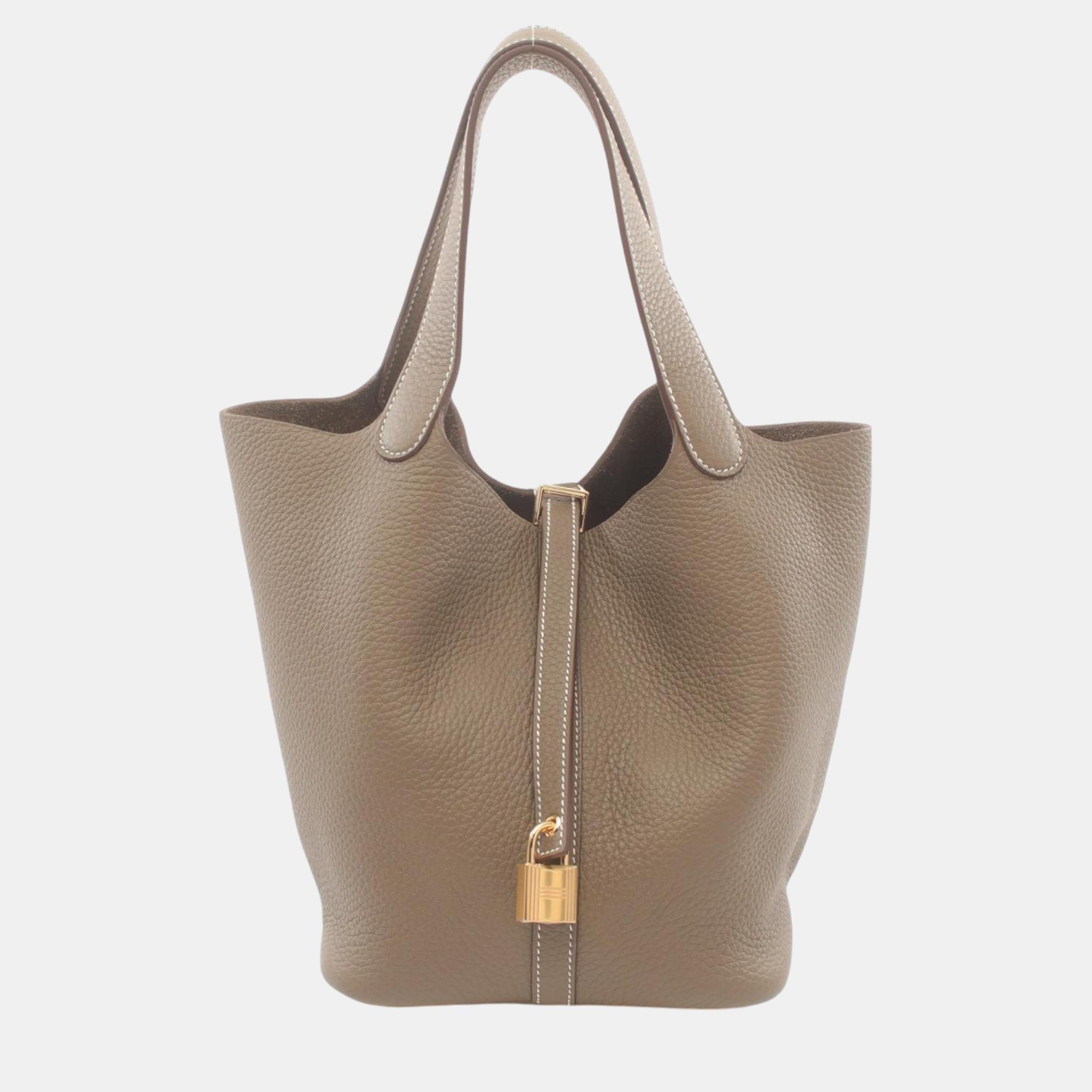 

Hermes Picotin Lock MM Etoupe Handbag Brown Leather