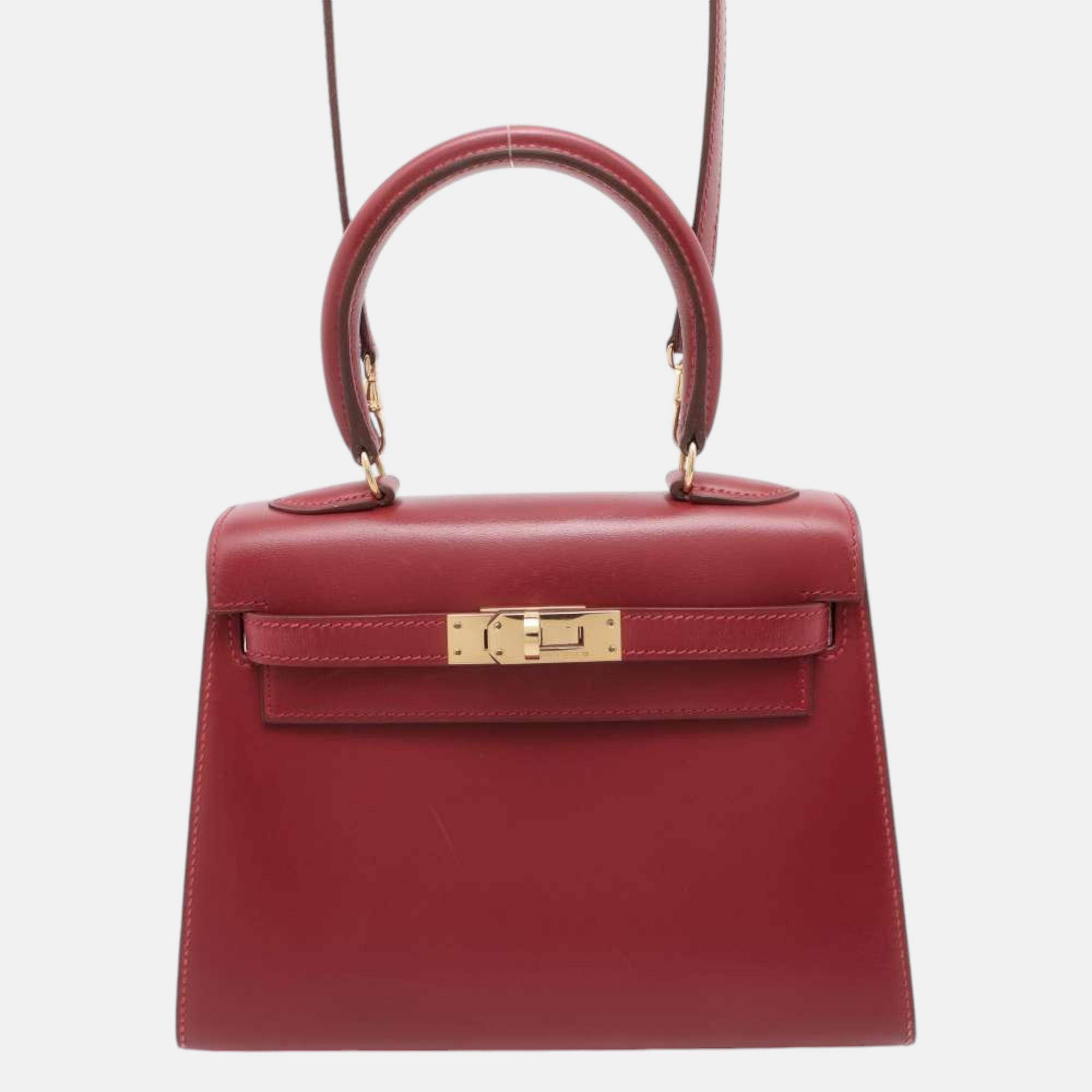 

Hermes Mini Kelly Sellier stitching Rouge Vif Box Calf Leather, Red