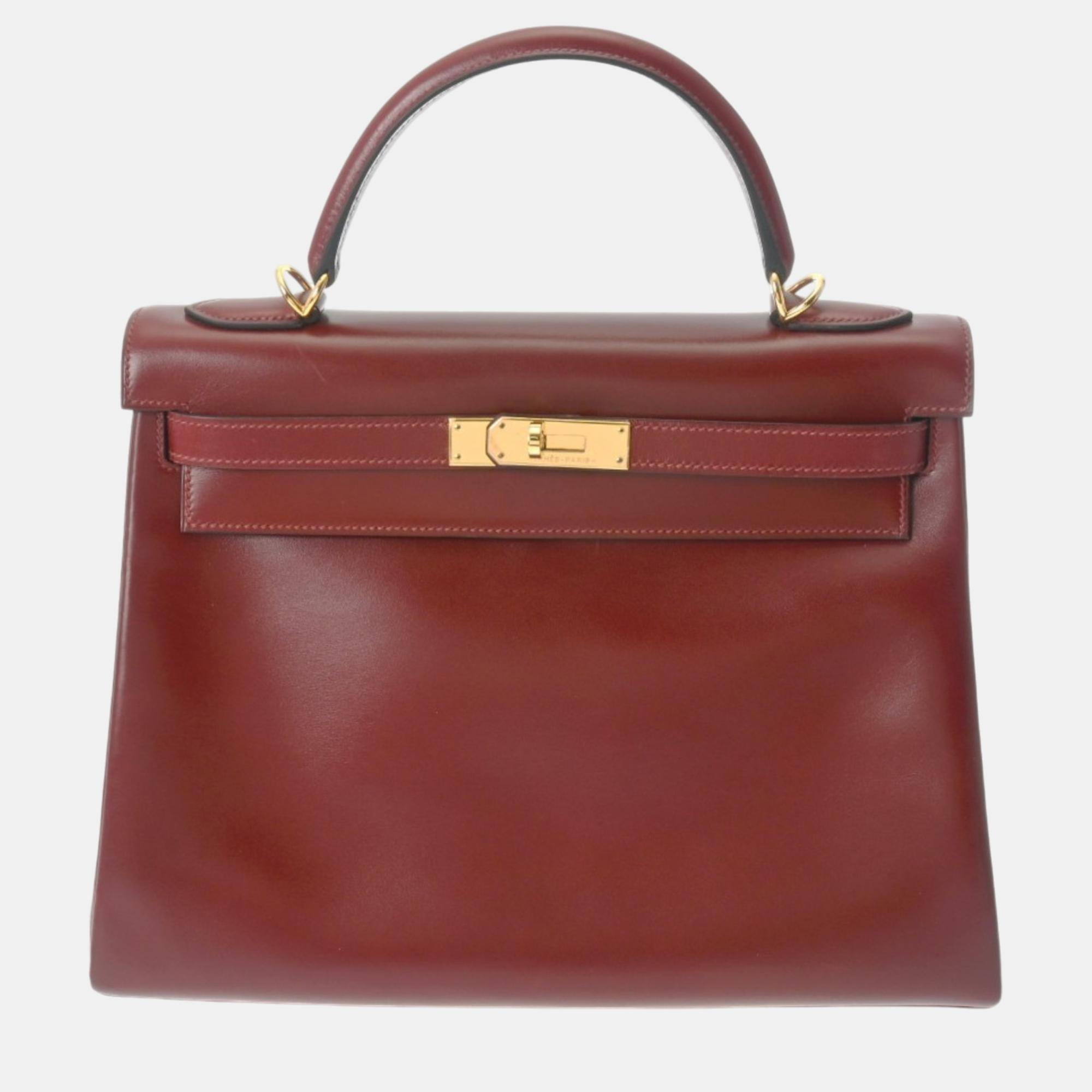 

Hermes Rouge Box Calf Kelly 32 Handbag, Red