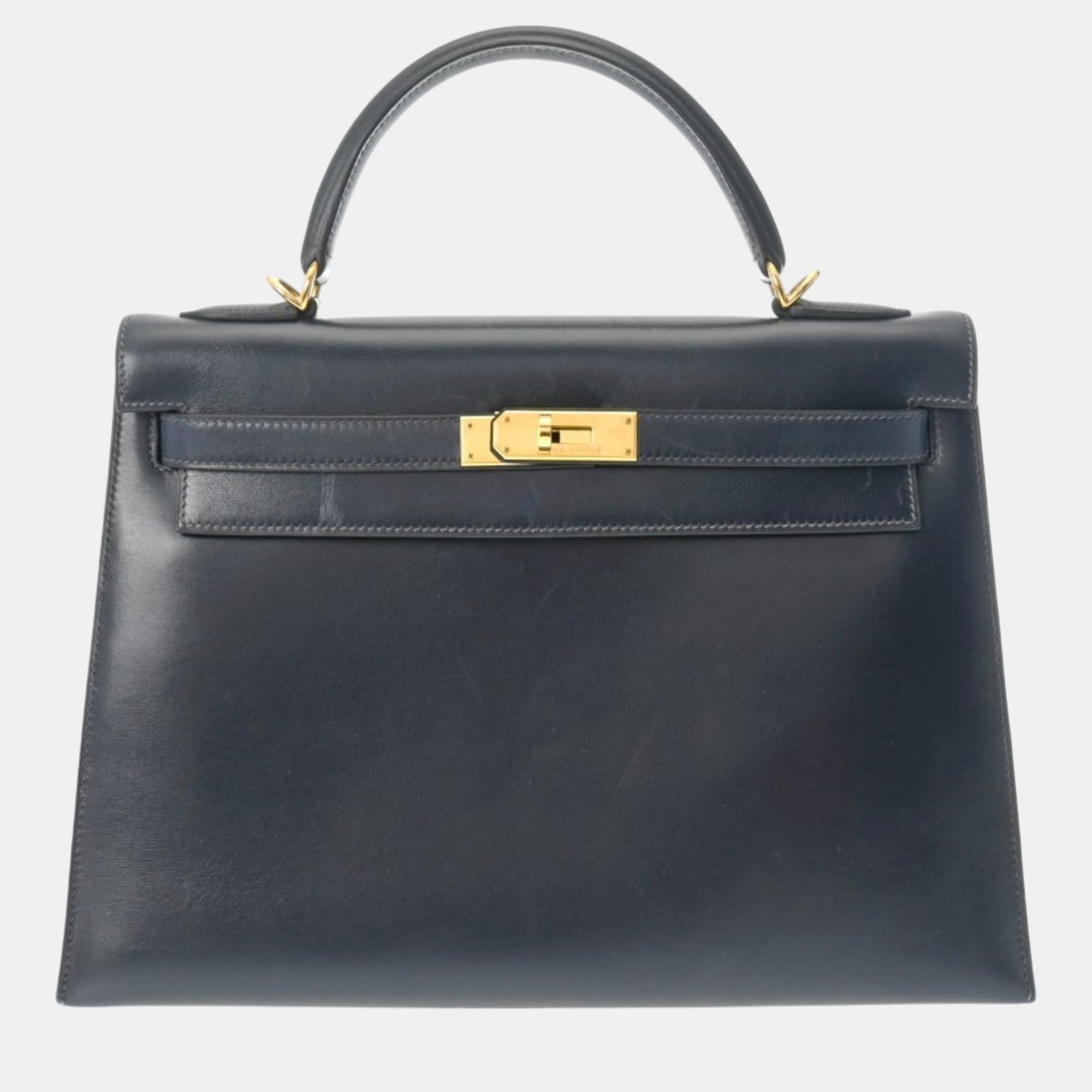 

Hermes Kelly 32 Blue indigo box calf handbag