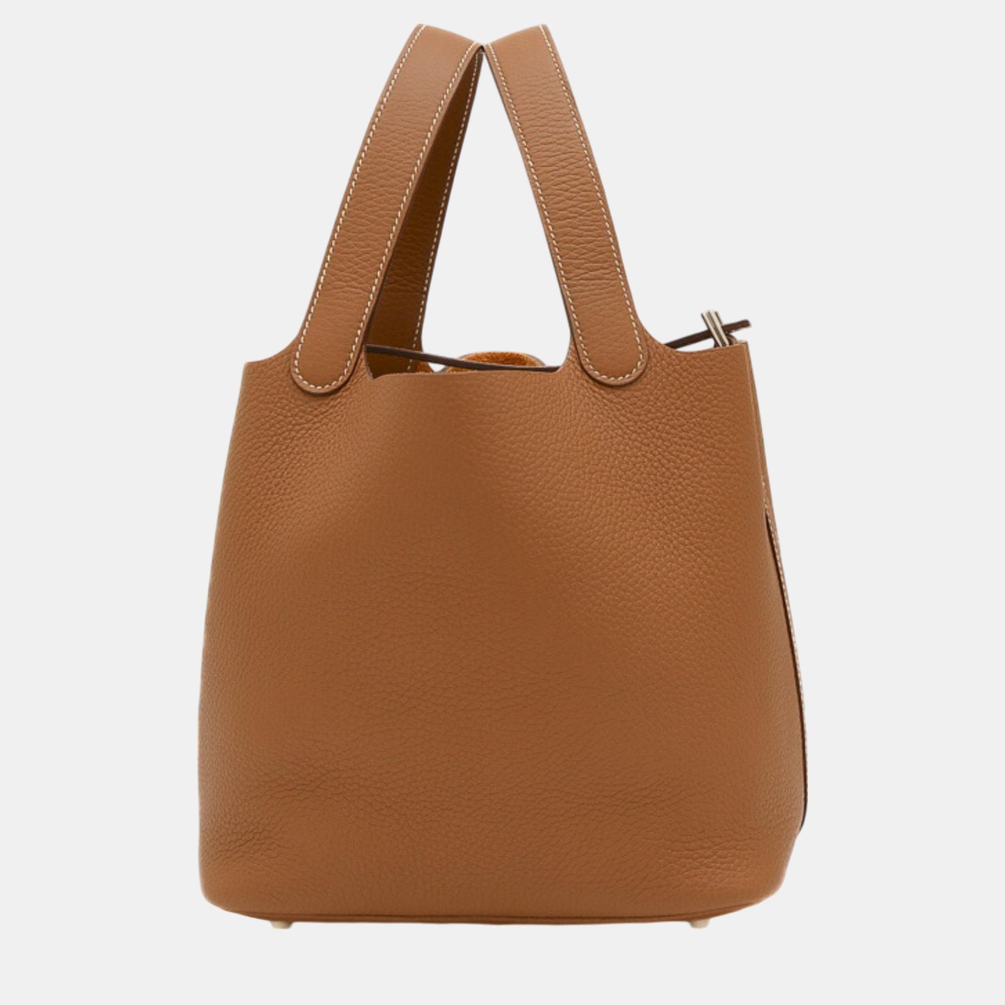 

Hermes Gold Taurillon Picotin Lock MM 22 Handbag, Brown