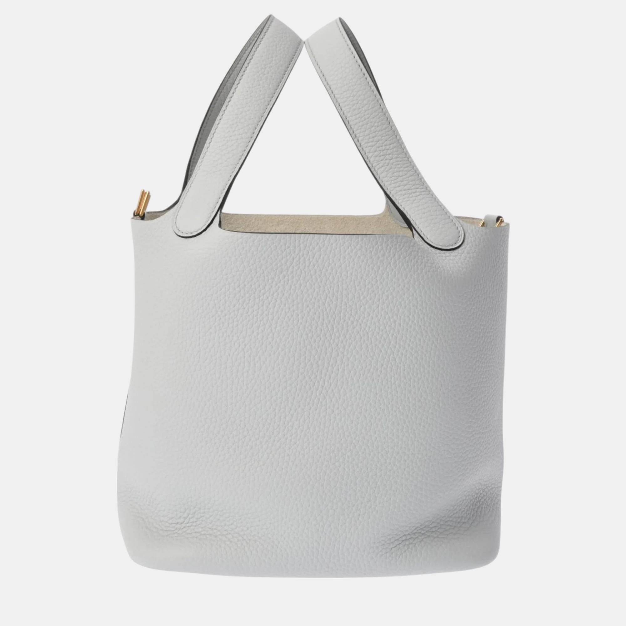 

Hermes Blue Pale Taurillon Clemence Picotin Lock MM Handbag, Grey