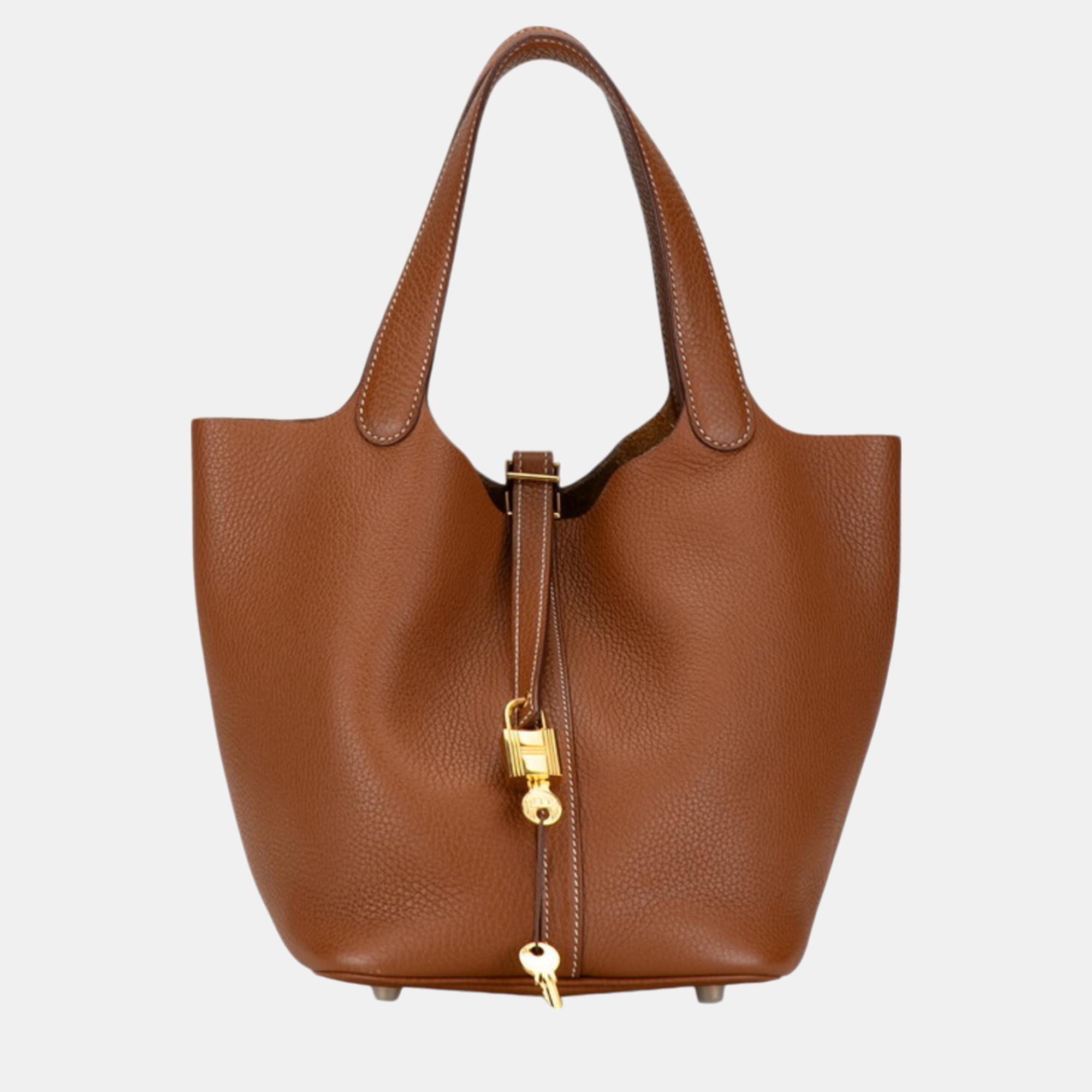

Hermes Gold Taurillon Clemence Picotin Lock MM Handbag, Brown