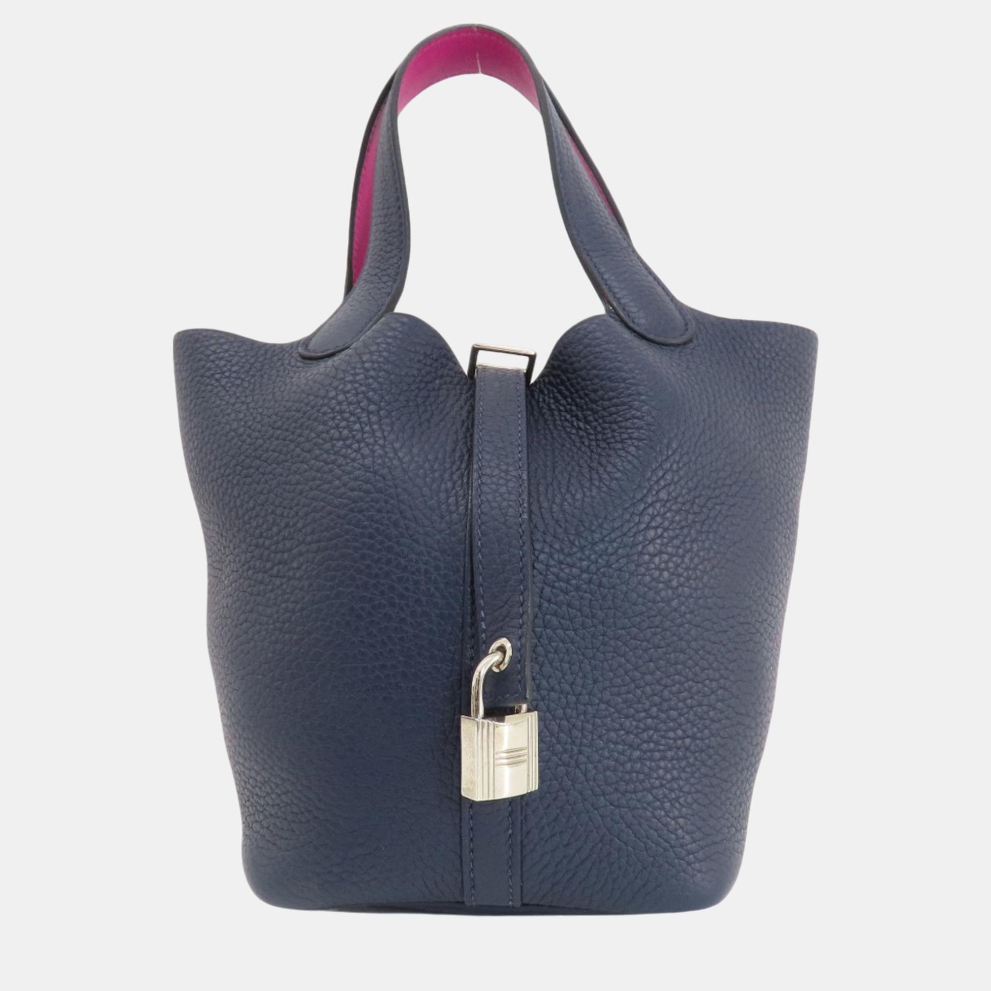 

Hermes Blue Nuit Rose Purple Taurillon Swift Picotin Lock PM Handbag