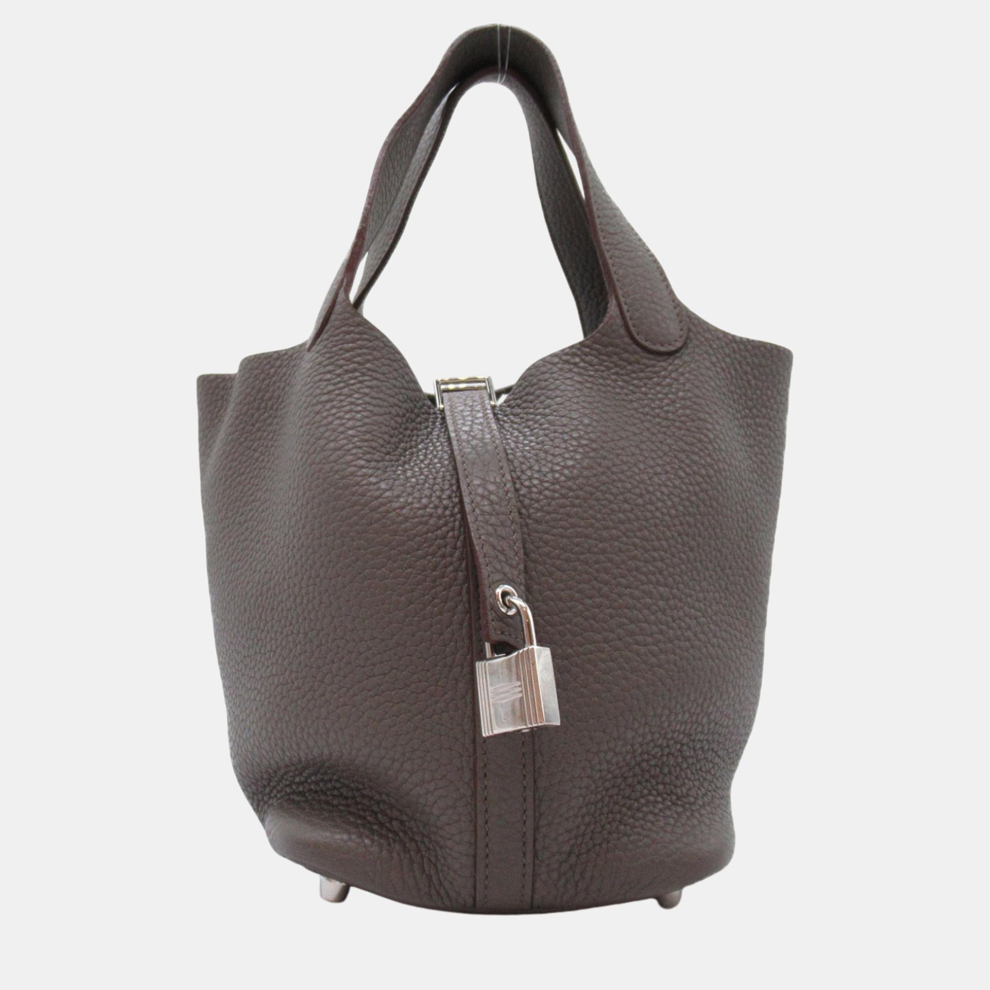 

Hermes Taupe Gray Taupe Taurillon Clemence Calfskin (cowhide) Picotin Lock PM bag, Grey