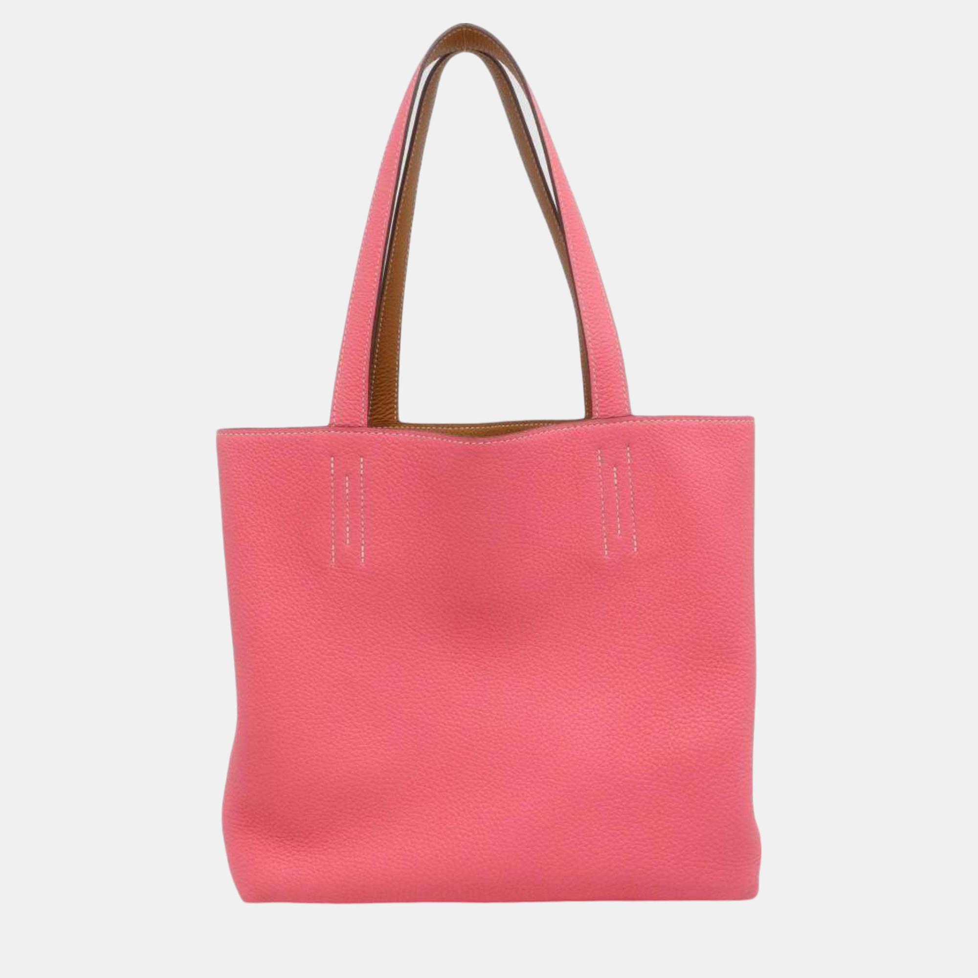 Pre-owned Hermes Rose Azalee Sesame Taurillon Clemence Double Sens 28 Tote Bag In Pink