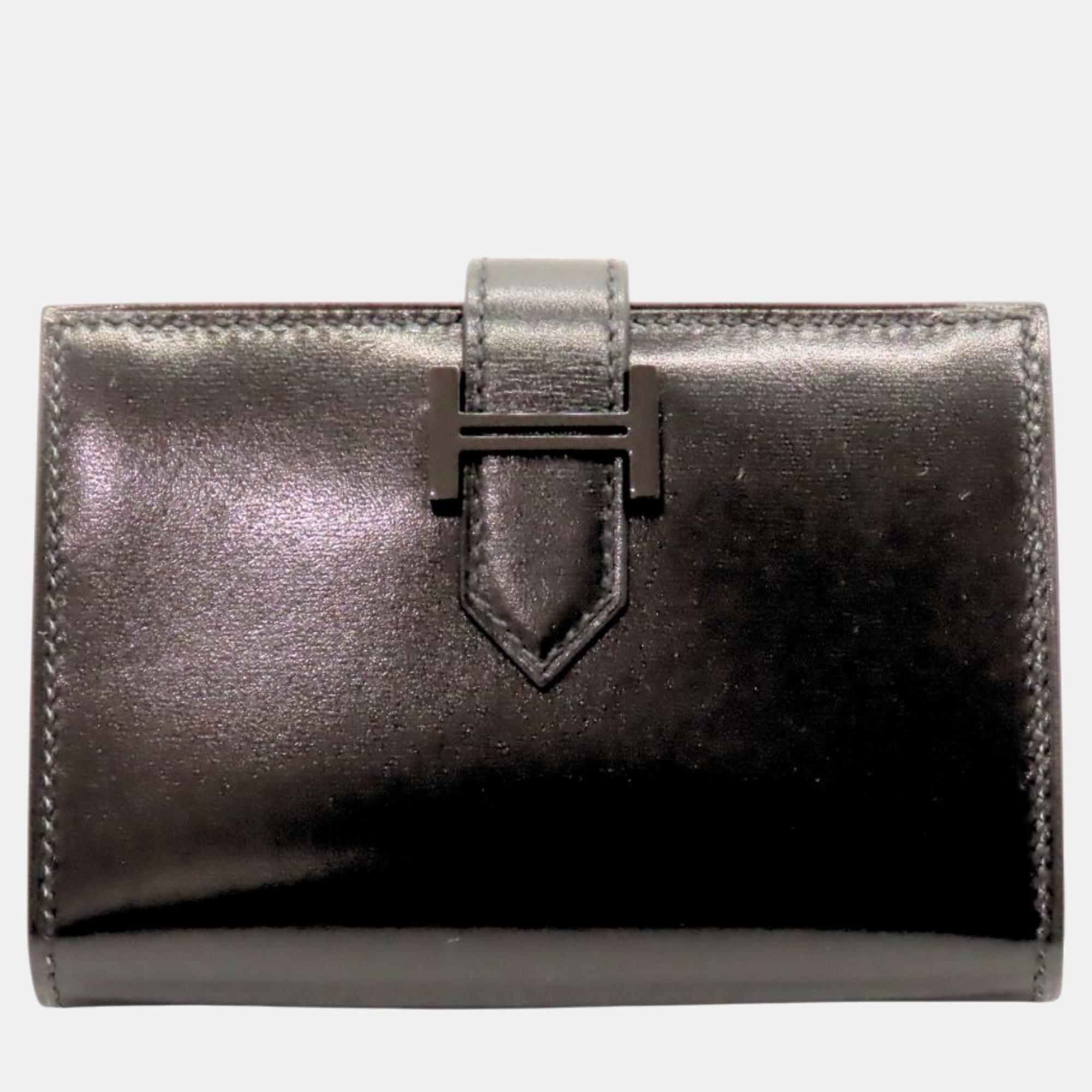 Pre-owned Hermes Box Calf Bearn Card Case Black Leather In Brown