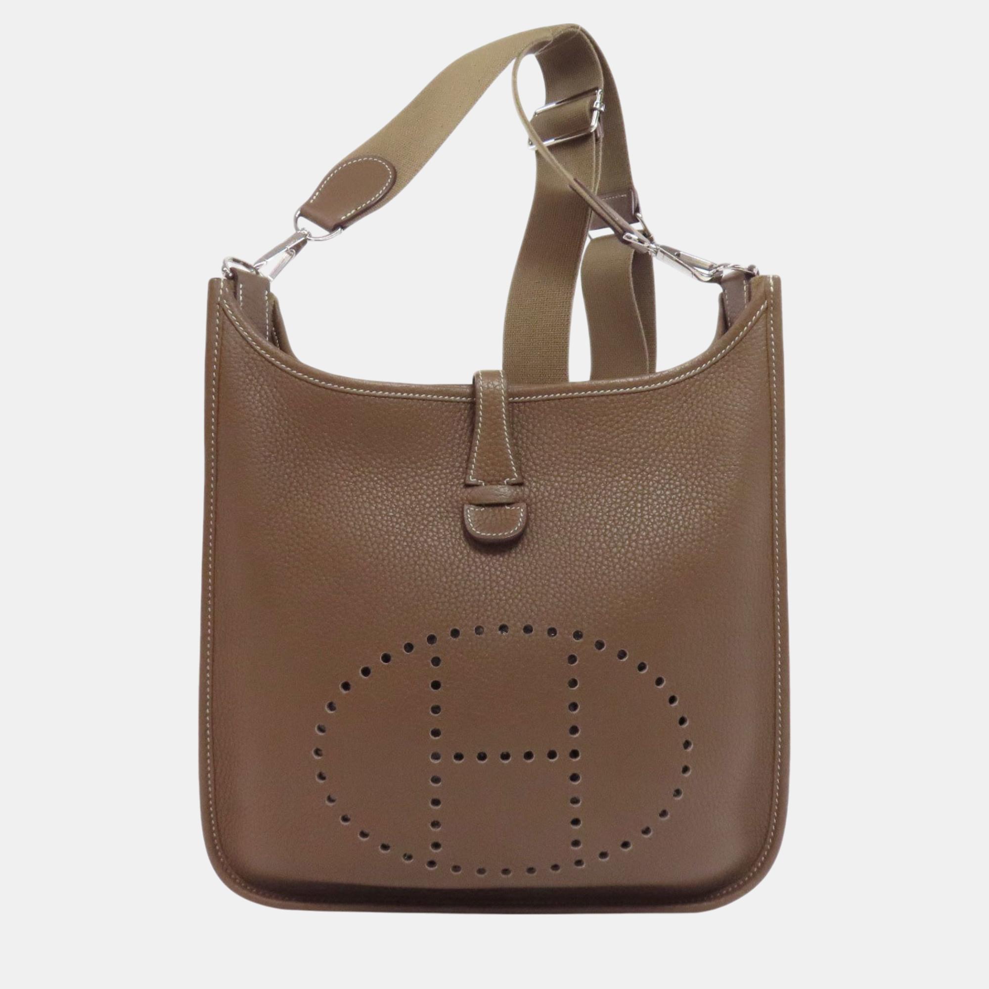 Pre-owned Hermes Etoupe Taurillon Evelyn 3 Pm Shoulder Bag In Brown