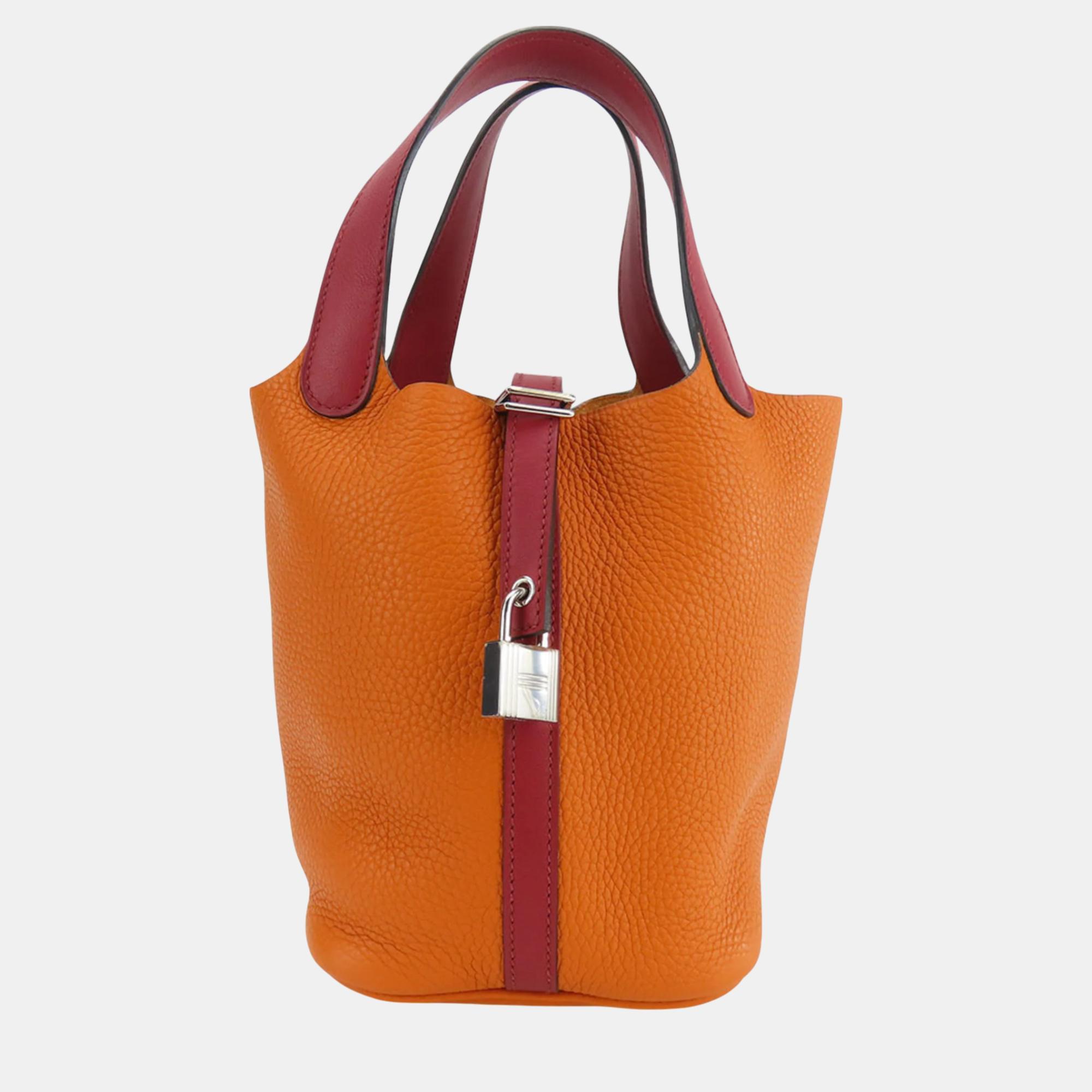 

Hermes Taurillon Clemence Orange Rouge Grenat Picotin Lock 18 PM Handbag