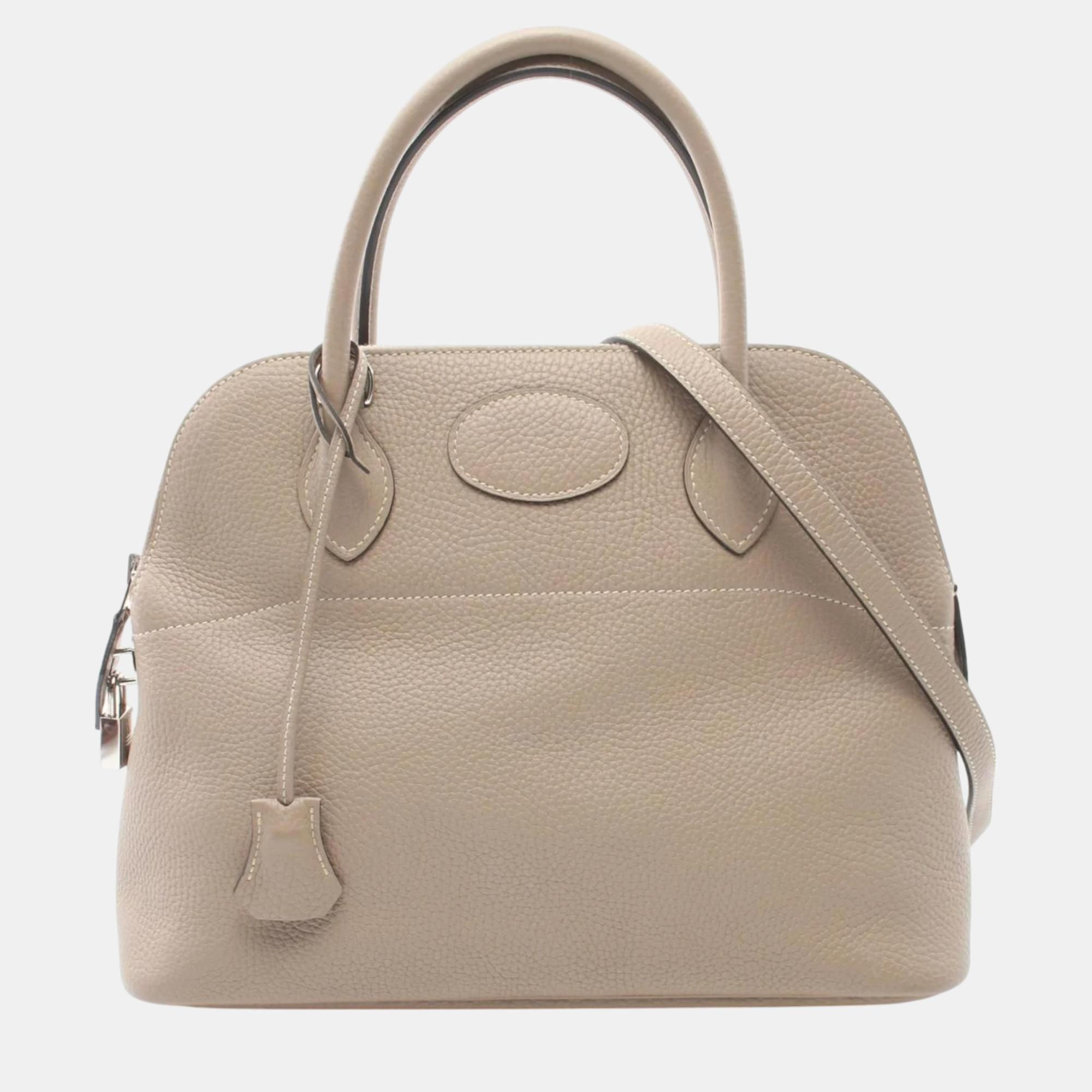 

Hermes Taurillon Clemence Beige Bolide 31 Tourtiere Grey Handbag